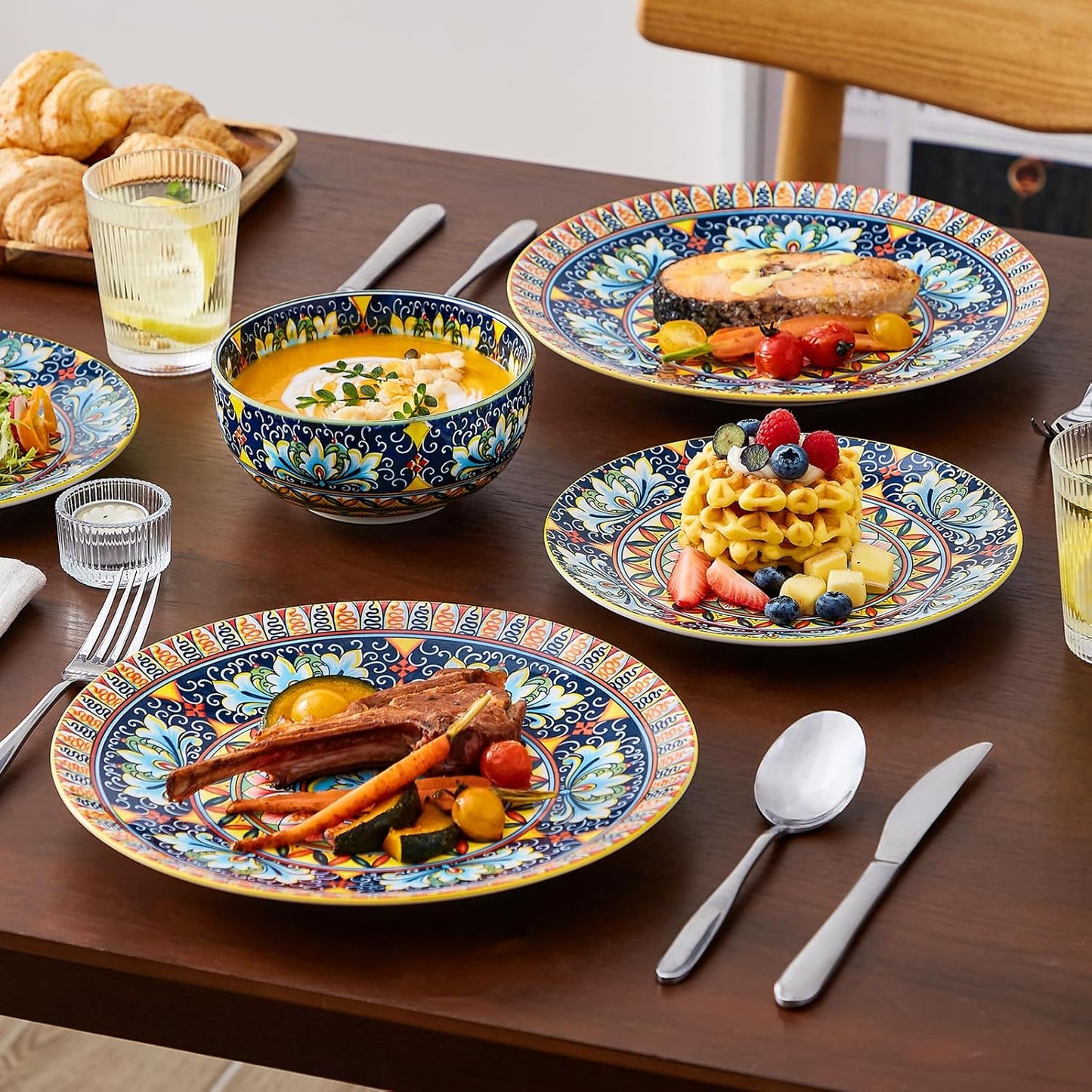 vancasso 12 Pieces Dinnerware Sets, Yellow Plates and Bowls Set, Porcelain Dishes Set for 4, Microwave and Dishwasher Safe, Scratch Resistant, Bohemian Style Dining Ware Service for 4, Series SIMI