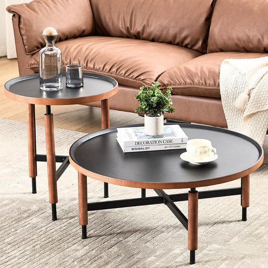 HEAH-YO Round Nesting Coffee Table Set of 2, Wood Tray Top Accent Table with Walnut Wrapped Metal Legs, Industrial & Farmhouse Side Table for Living Room/Office Reception, Black