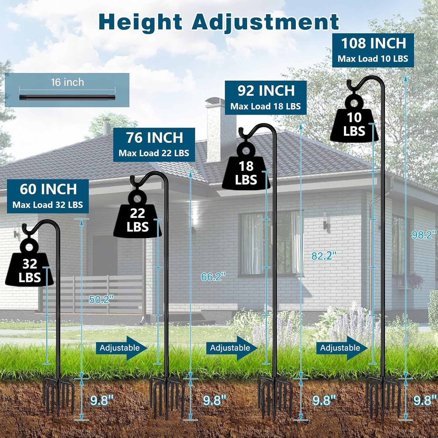 Gtongoko Shepherds Hook for Outdoor, 76 Inch Bird Feeder Pole with 7 Prongs Base, 3/4 Inch Thick Heavy Duty Adjustable Garden Hook for Hanging Plant, Hummingbird Feeder, Lantern, 2 Pack