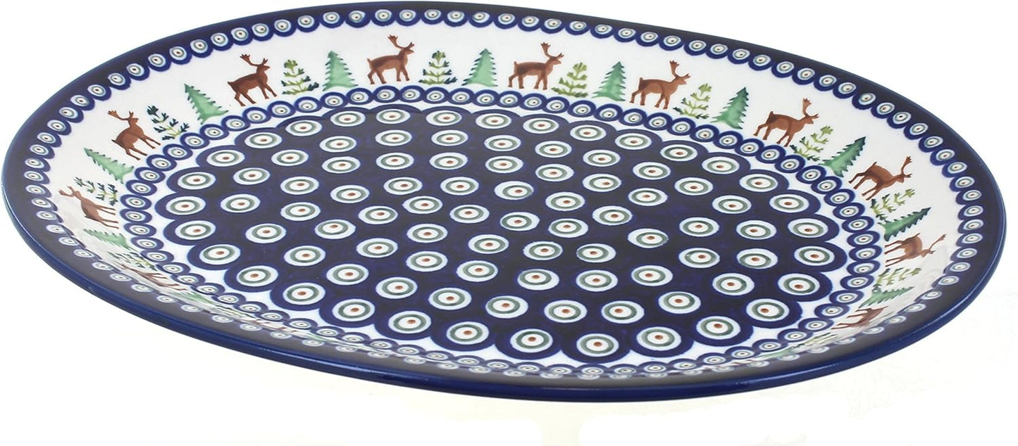 Blue Rose Polish Pottery Reindeer Pine Large Serving Platter