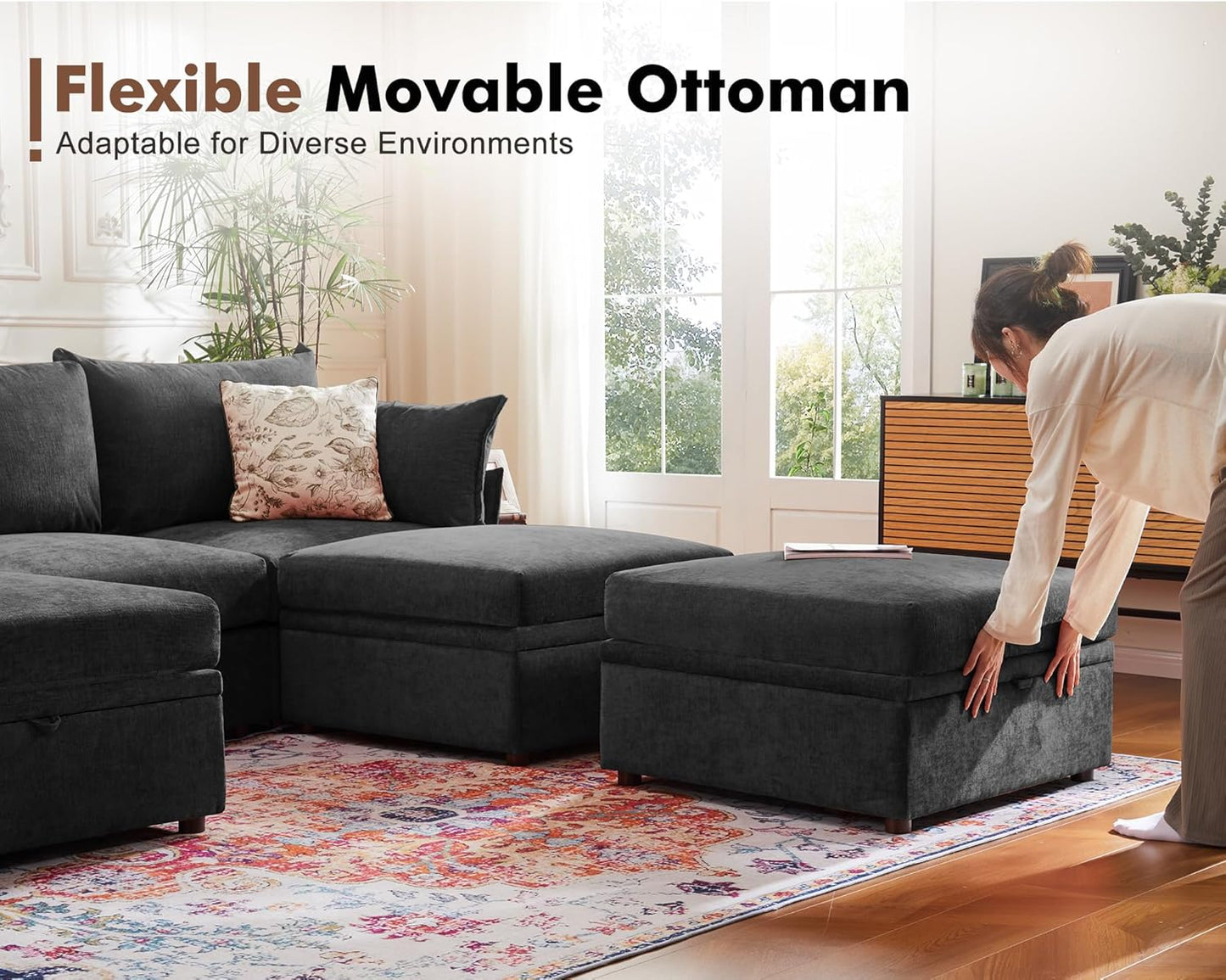 134.6" Oversized Modular Sectional Sofa, 6 Seater U Shaped Couch with Storage Ottoman with Reversible Chaise Deep Seat for Living Room, Apartment - Chenille Black