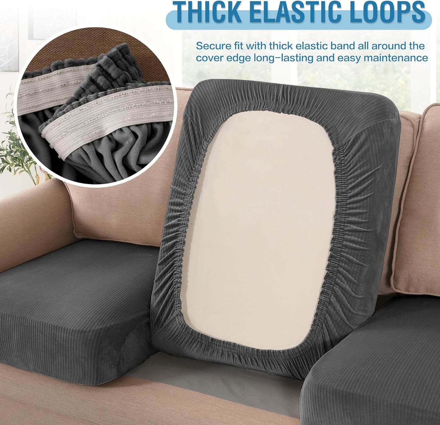 H.VERSAILTEX Velvet Stretch Couch Cushion Cover Plush Cushion Slipcover for Chair Loveseat Sofa Cushion Furniture Protector Seat Cushion Sofa Cover (2 Piece Large Sofa Cushion Covers, Grey Striped)