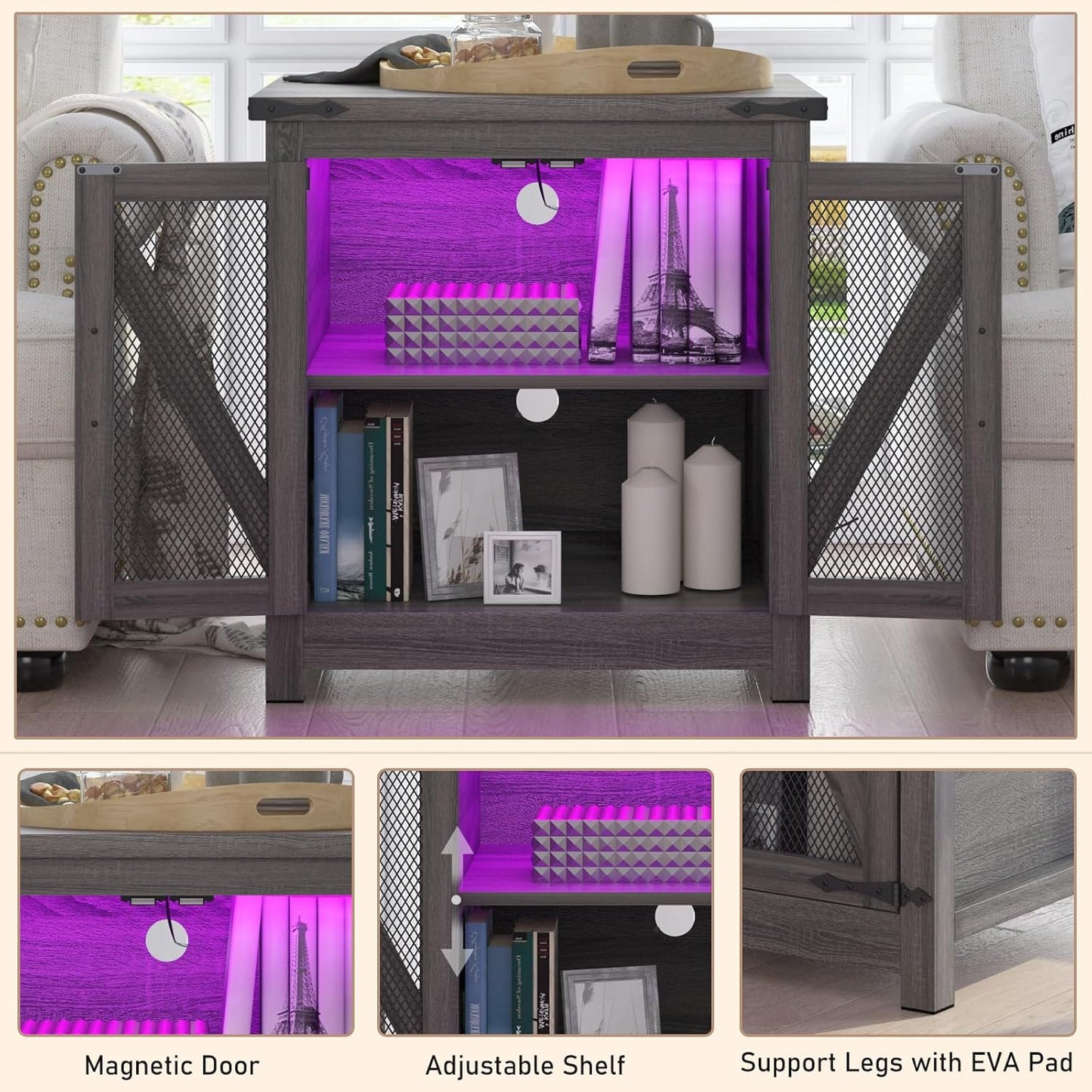 Farmhouse End Table, 24" Large Sofa Side Table with Charging Station, Mesh Barn Door, and Adjustable Storage Shelf, Rustic Wood Square Nightstand for Living Room, Bedroom, Office, Grey