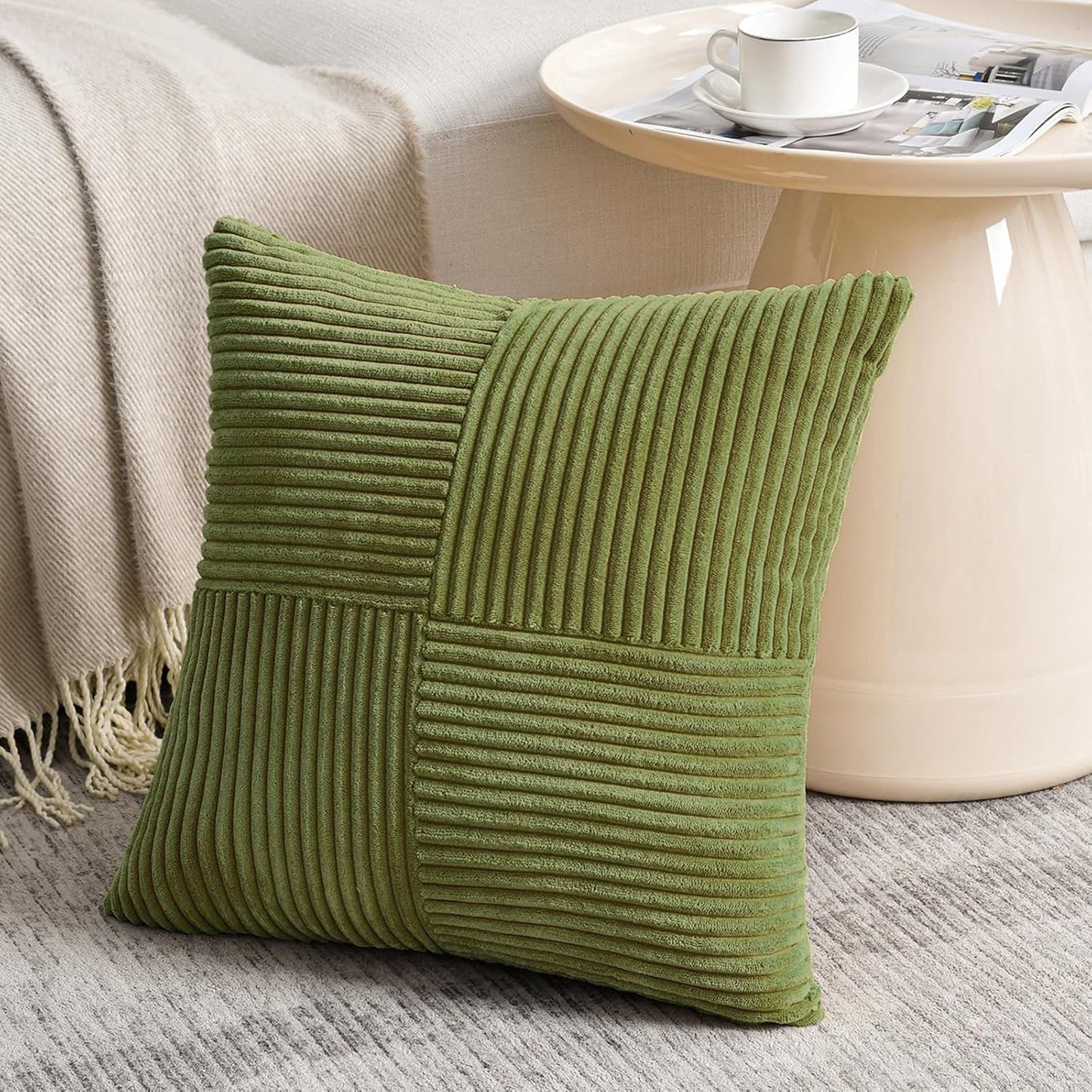 Fancy Homi 2 Packs Moss Green Decorative Throw Pillow Covers 22x22 Inch for Living Room Couch Bed Sofa, Farmhouse Boho Home Decor, Soft Corss Corduroy Patchwork Accent Square Cushion Case 55x55 cm