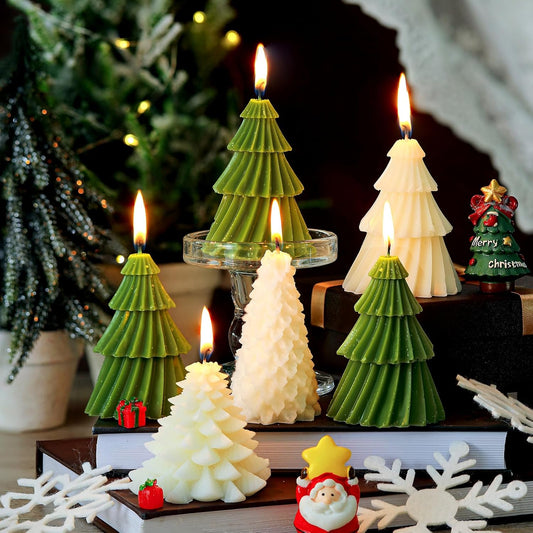 6 Pcs Christmas Tree Shaped Candles Xmas Wax Scented Candles White Green Decorative Christmas Tree Gifts for Xmas Eve Winter Holiday Party New Year Bedroom Room Table Decor, 4 Classic Styles