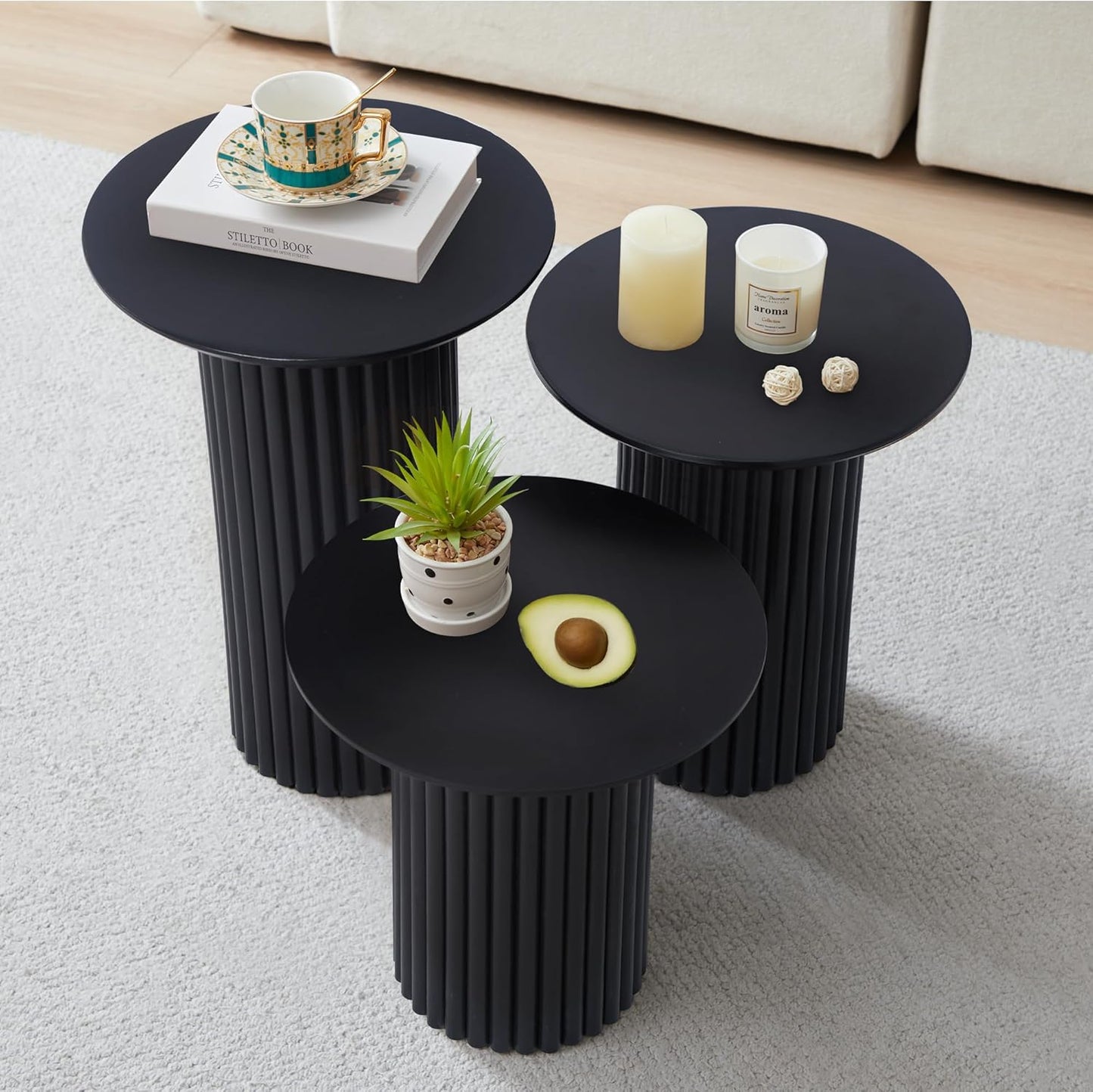 Round Nesting Coffee Table Set of 3,Mid Century Modern Fluted Coffee and End Table Set,Small Circle Wooden Side Table Drink Table for Living Room (Black)