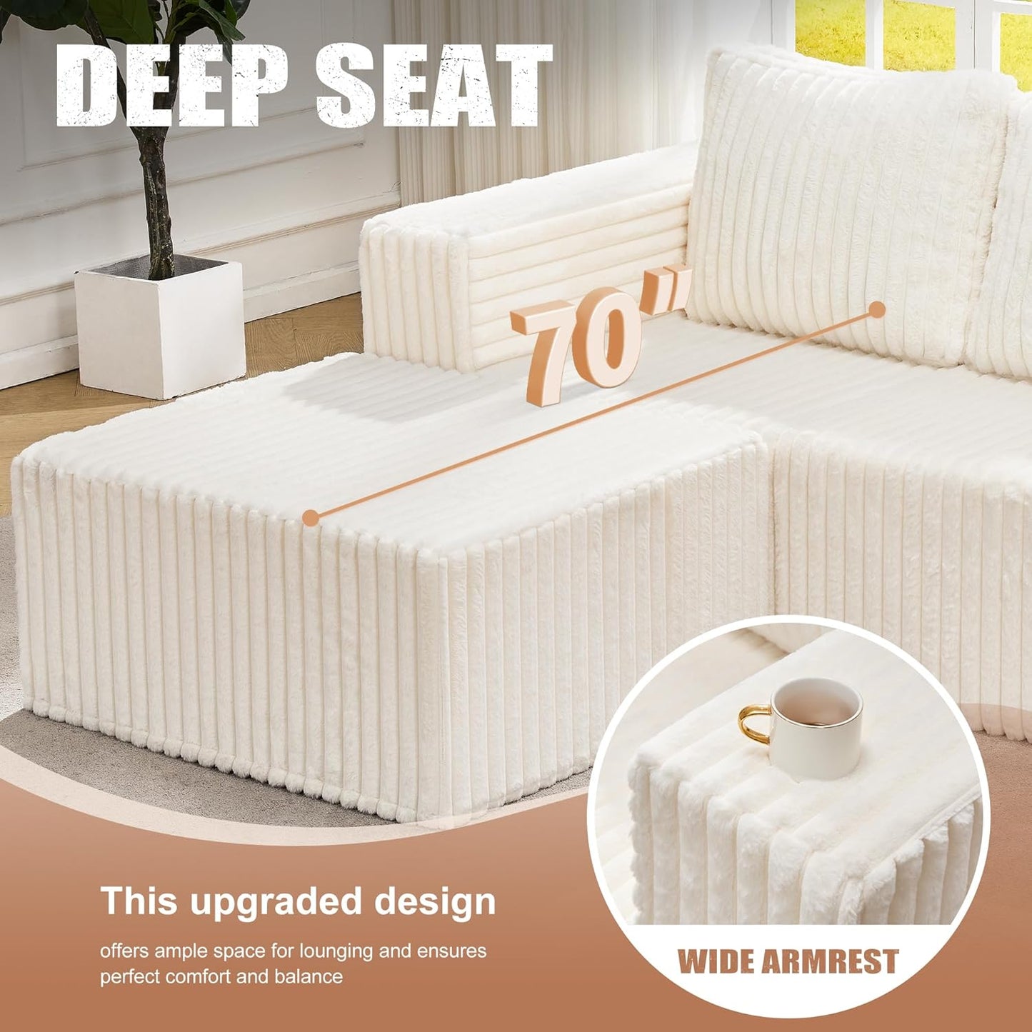 Hobestluk Modular Sectional Sofa Memory Foam Couch Sofa Bed Loveseat with Chaises Cloud Couch with Removable Cover Large Sectional Couches for Living Room (Strip White, Sofa Bed)