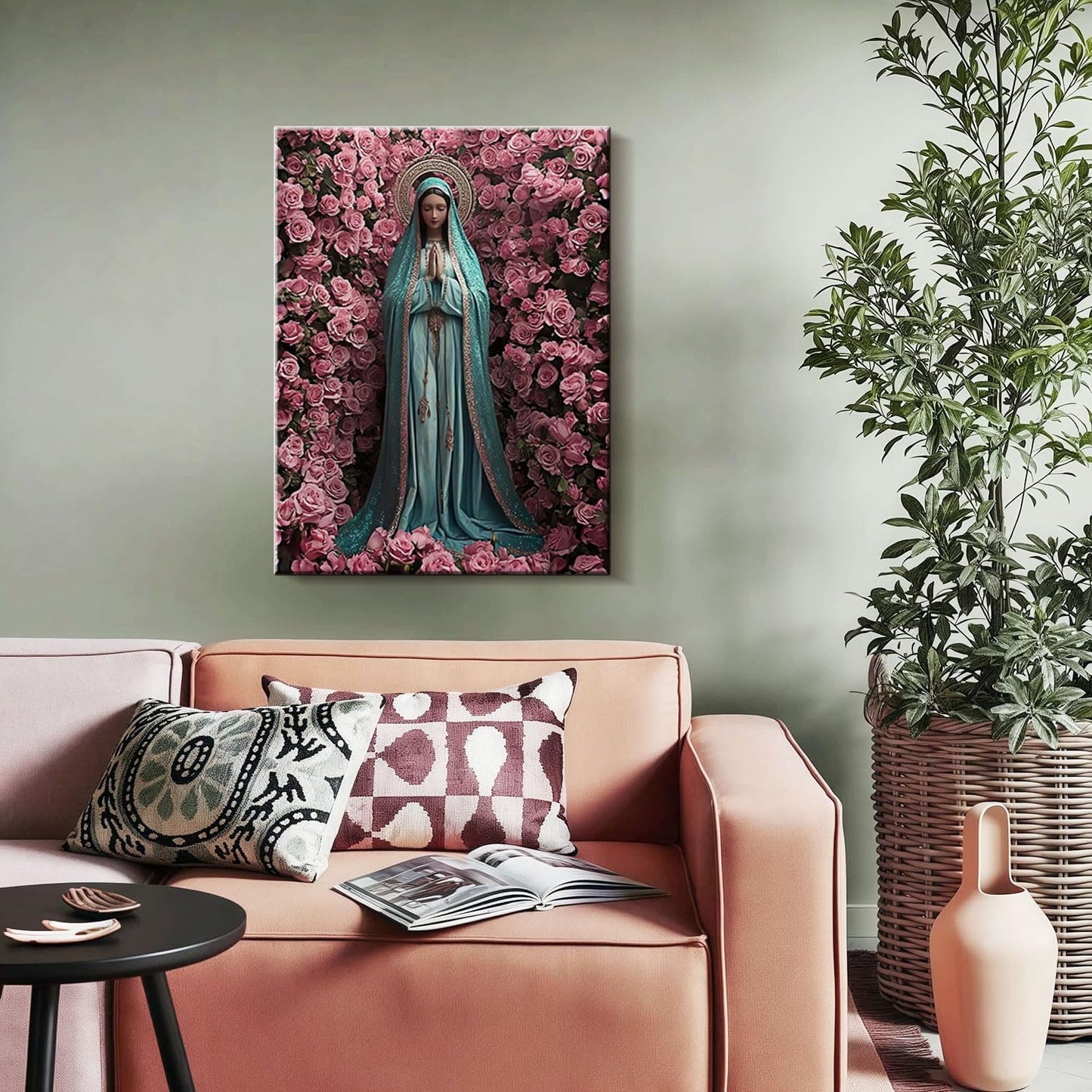 Framed Virgin Mary Catholic Wall Art Decor Canvas Print Wall Painting Religious Poster Artwork for Living Room Bedroom Hallway Gallery Decor 16x24 Inch Ready to Hang