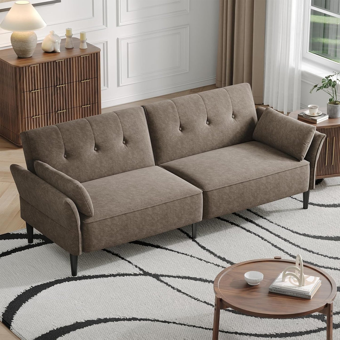 89” Futon Sofa Bed, Comfy Futon Couch Bed with 2 Square Pillows, Convertible Sleeper Sofa with Adjustable Backrest& Armrests, Modern Loveseat Sleeper for Living Room, Bedroom, Light Brown