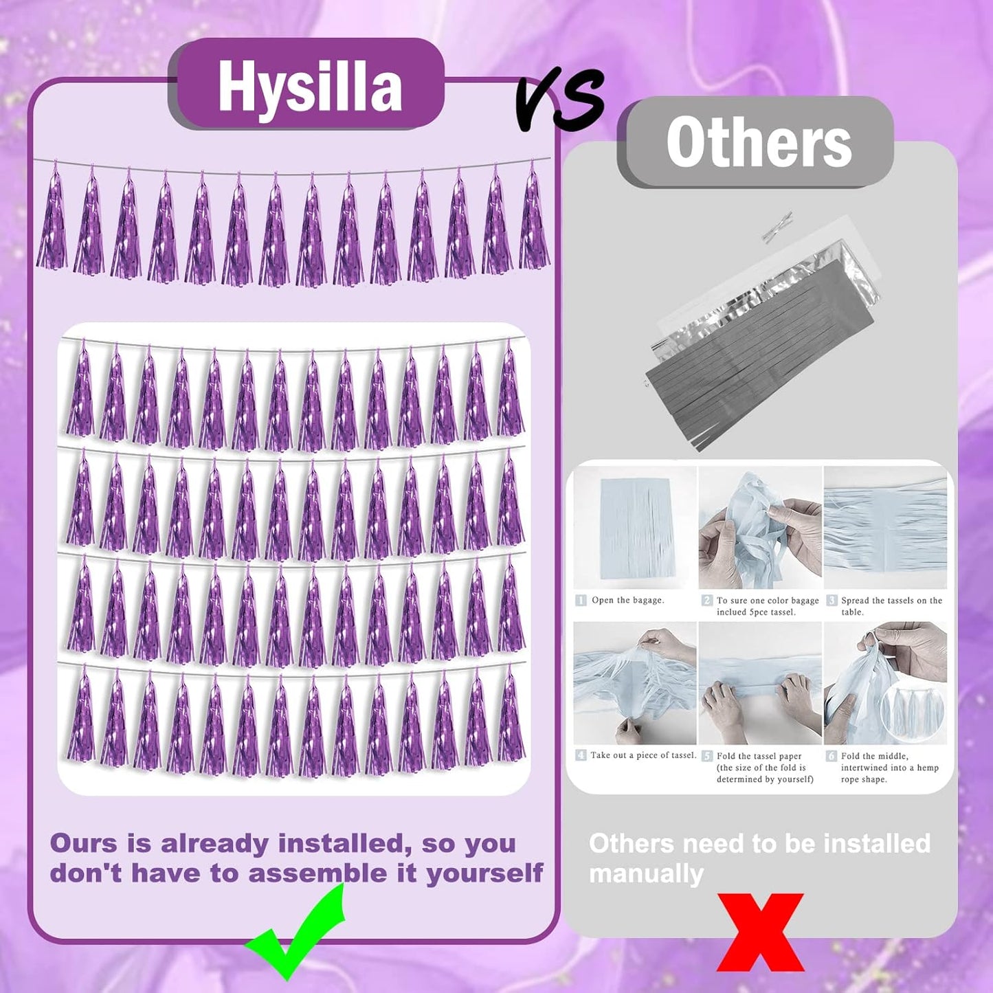 3P Light Purple Foil Fringe Metallic Tassel Streamers Banner Tassel Garland for Parade Floats, Bachelorette, Wedding, Birthday, Halloween, Christmas, Bridal/Baby Shower Party Decorations