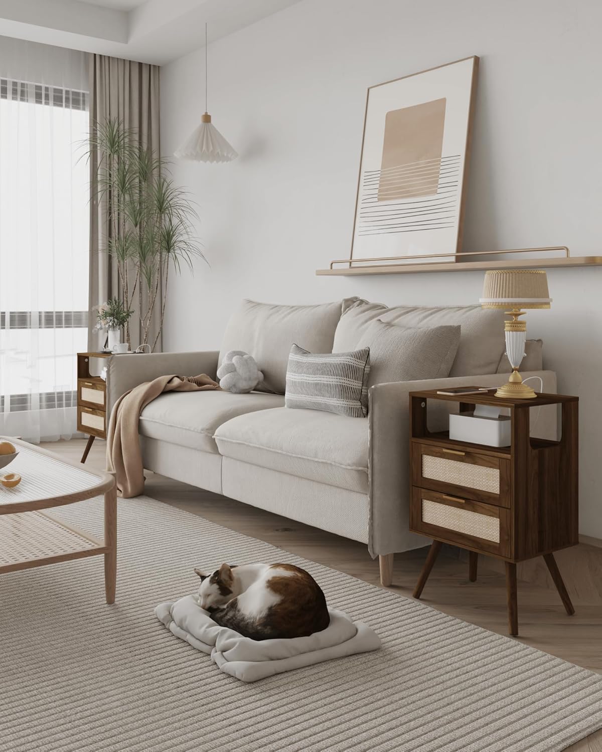 Rattan Nightstand with Charging Station,Modern Bedside Table with 2 Storage Drawer and Open Wood Shelf, for Bedroom and Small Spaces,Night Stand with Solid Wood Legs (Walnut Brown)