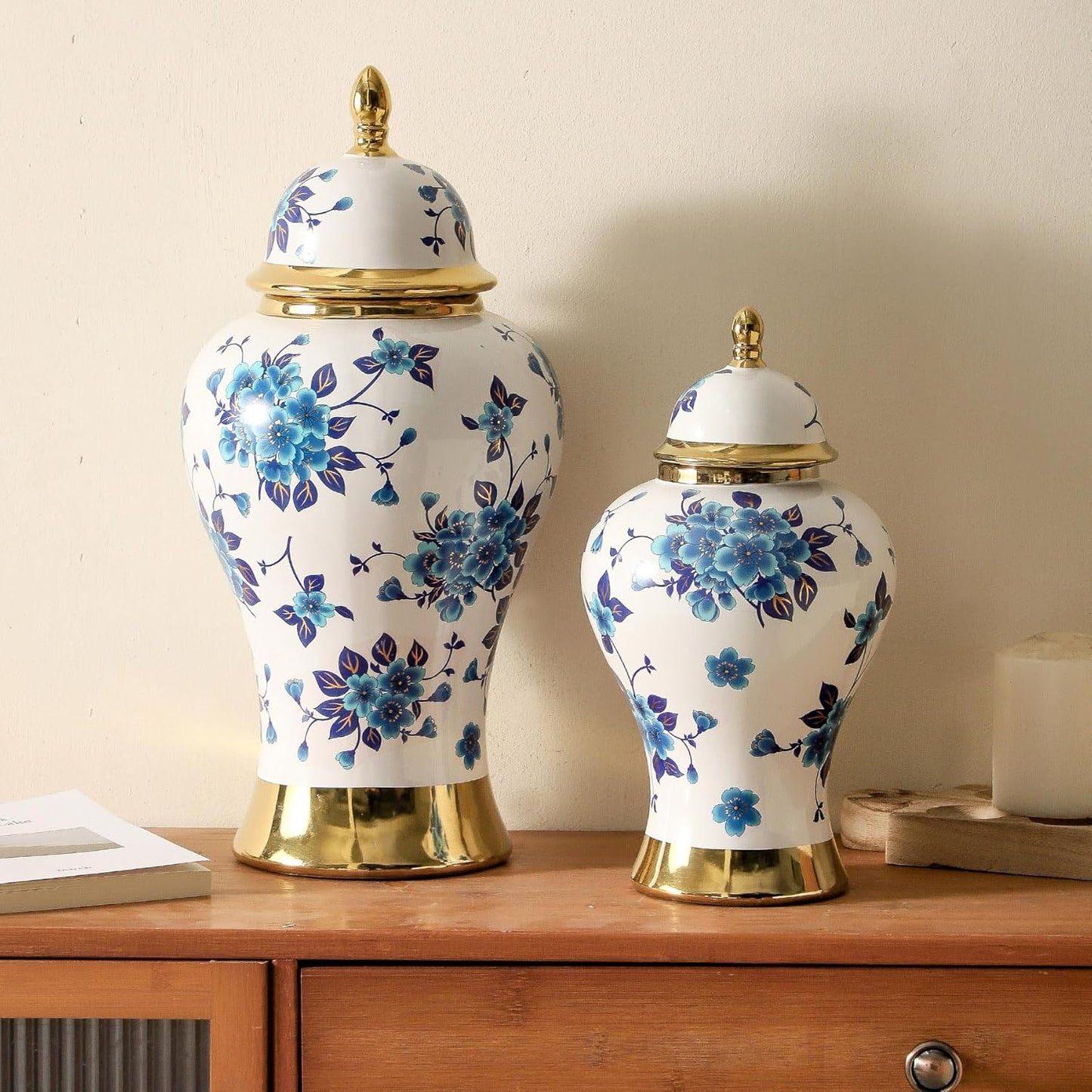 Ginger Jars for Home Decor, White and Gold Vase, Porcelain Ginger Jar Chinoiserie Blue and White Vase with Gold Trim and Floral Pattern, Ceramic Flower Vase for Home, Temple and Storage Jars(12in)