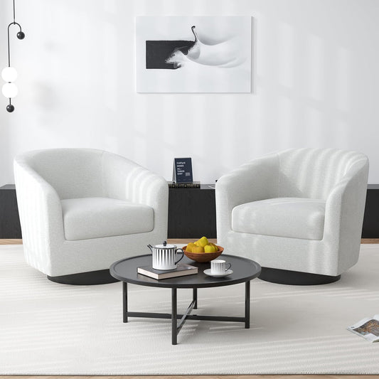 Swivel Barrel Accent Chair, Modern Round Chenille Fabric Arm Chair for Living Room, Bedroom, Comfy Club Reading Chairs for Adults（Chenille Fabric, Beige, Set of 2