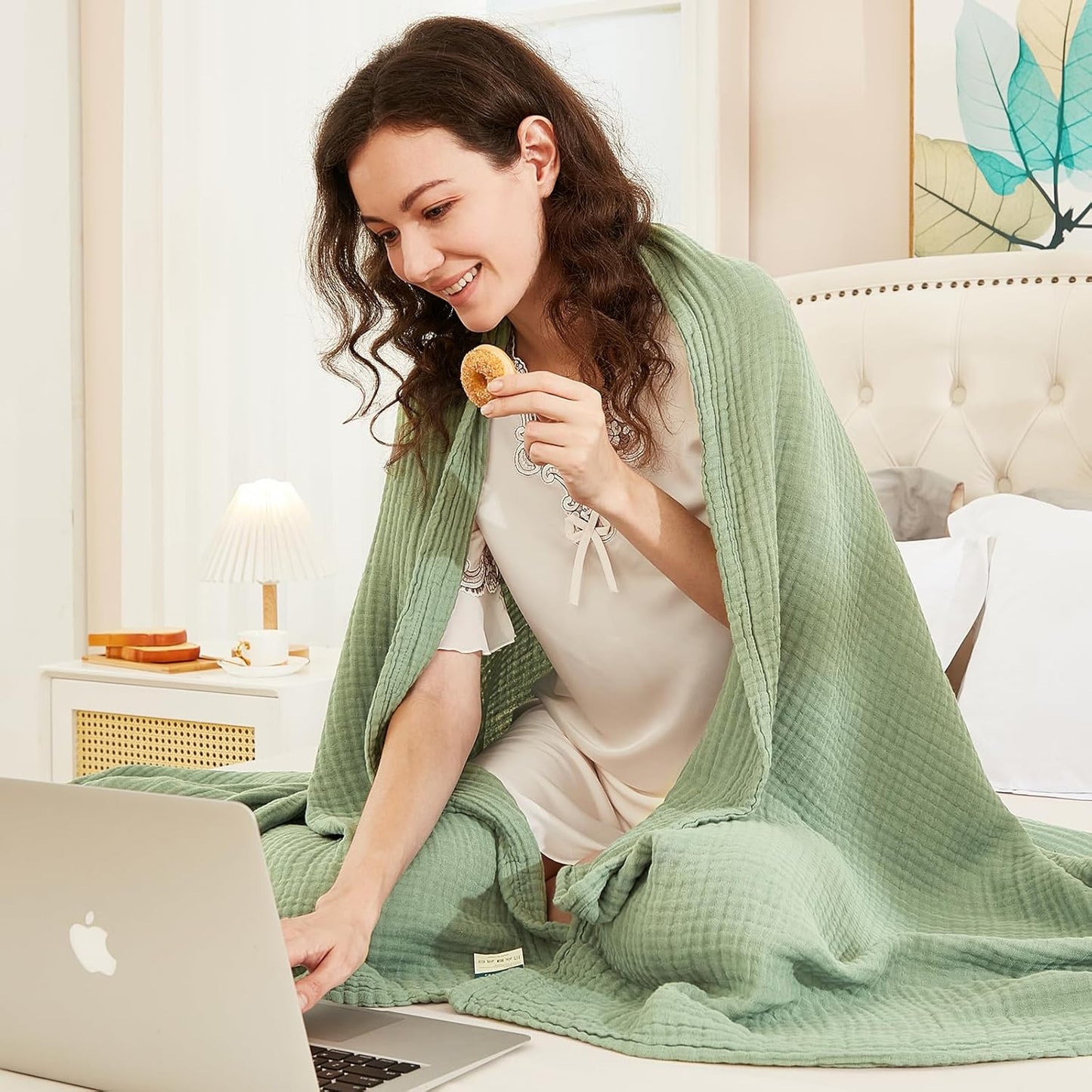 EMME Cotton Throw Blanket for Couch Soft Airy Muslin Bed Blankets Lightweight Breathable Blanket All Season Gauze Blanket, Sage Green