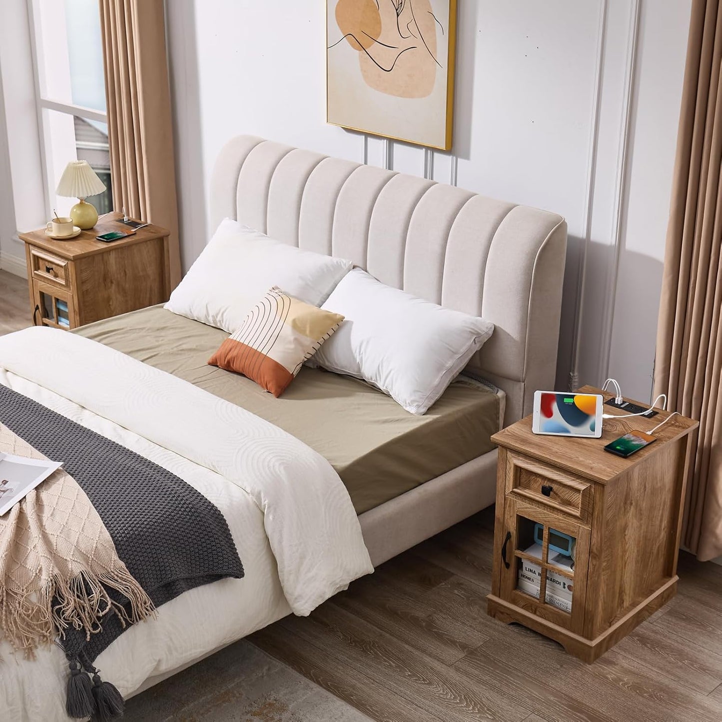 Farmhouse XXL End Table with Charging Station, Side Table with USB Ports and Outlets, Nightstand with Drawer and Glass Door Storage, Log Color Bedside Tables for Living Room, Bedroom, Office