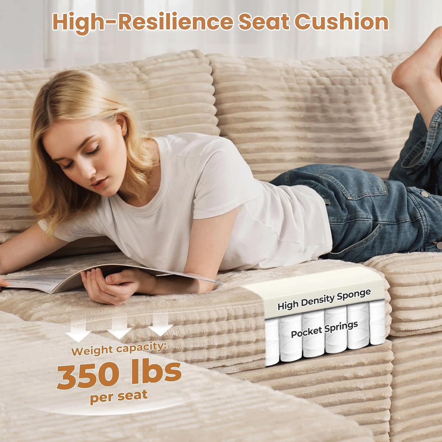 ovios Sectional Sofa Couch with L-Shape Chaise Ottoman, Comfy Modular Cloud Couches with Deep Seat, Modern Upholstered Plush Corduroy Sofas Set for Living Room, 8-Seater, Beige