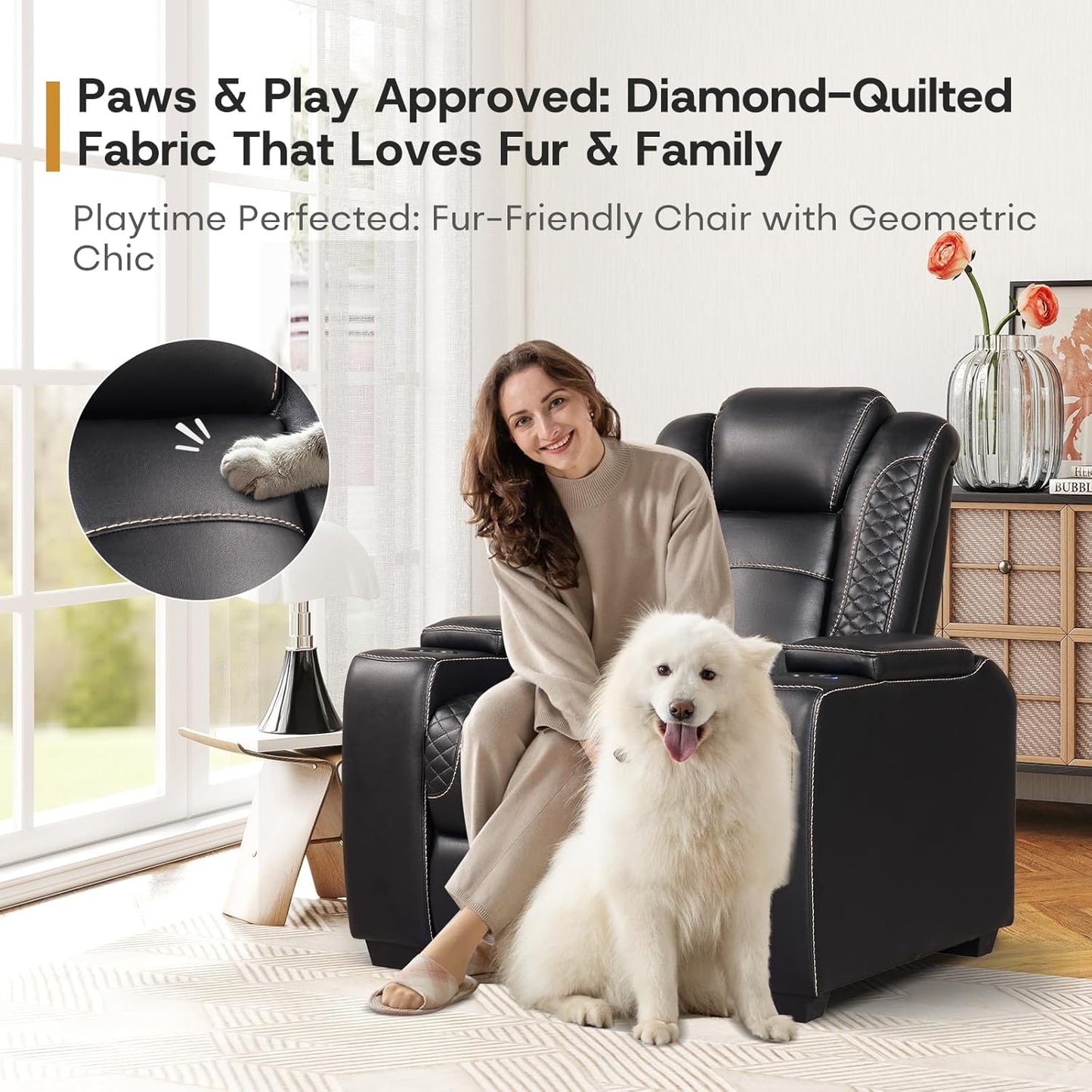 ANJ Power Home Theater Seating Set of 2, PU Leather Electric Recliner Chair with Powered Headrest, Dual Motors Movie Reclining Chairs with LED Lights,USB Port, Cup Holders, Hidden Arm Storage (Black)