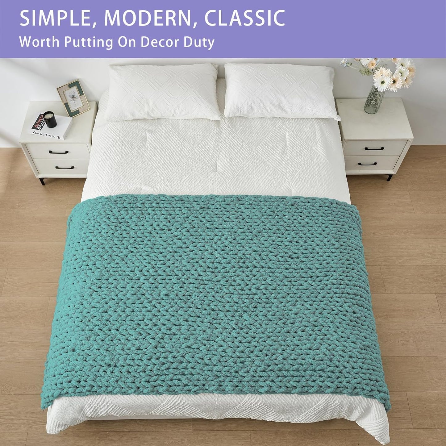 Bigacogo Chunky Knit Throw Blanket for Couch, 40x80 inches, 100% Hand Knitted with Thick Jumbo Chenille Yarn, Cozy Soft Large Rope Knot Cable Crochet Blankets for Sofa Bed Living Room, Light Teal