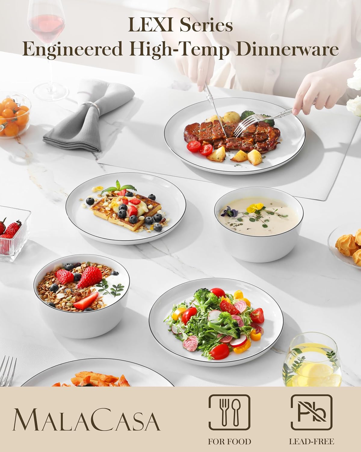 MALACASA 24 Pieces Gourmet Porcelain Dinnerware Sets, Premium Plates and Bowls Set, High-Fired Dishes Set for 8, Chip & Scratch Resistant, Microwave Dishwasher Safe, White & Black Rim, Series LEXI