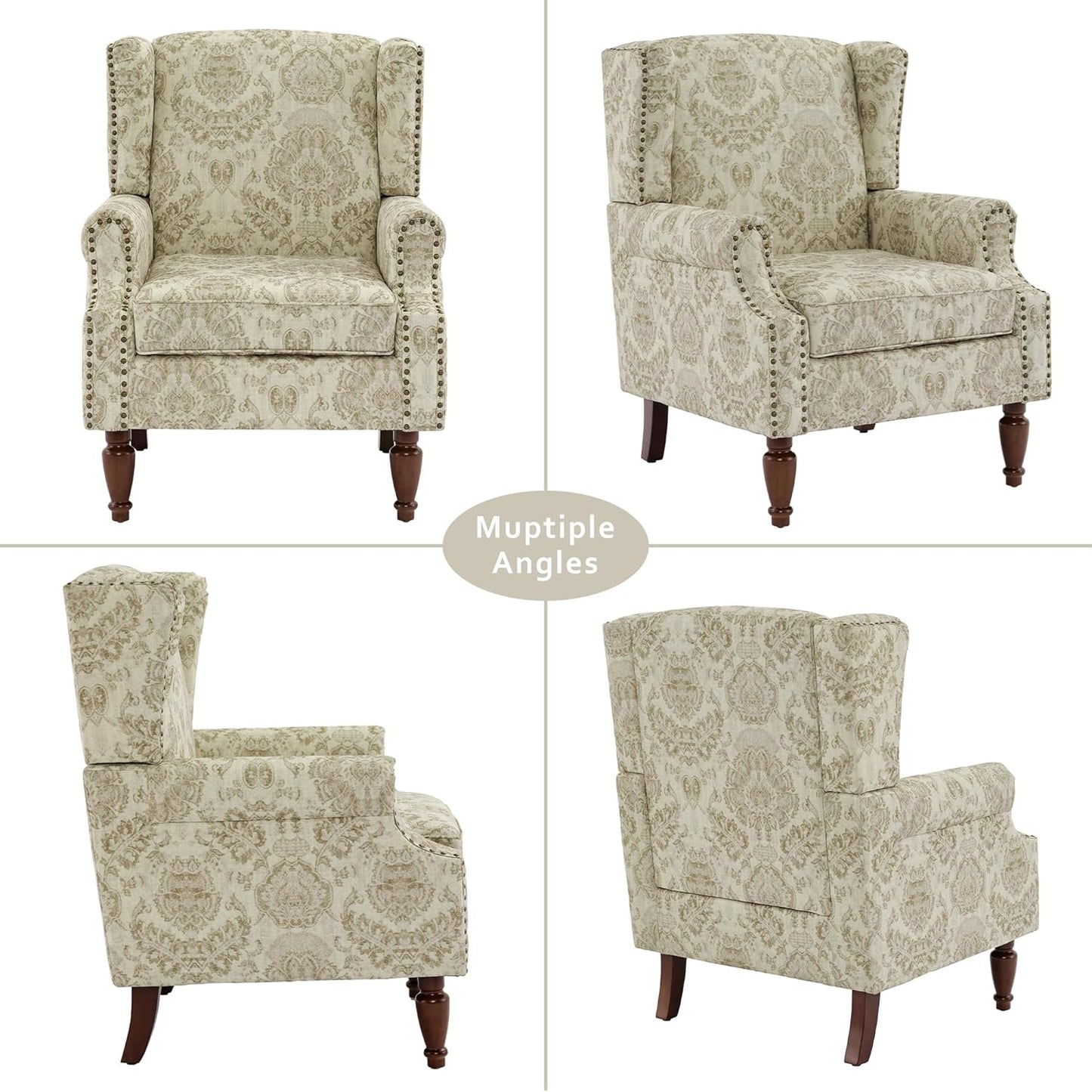 Lumibee Wingback Accent Chair,High Back Floral Armchairs in Fabric,Comfy Upholstered Reading Single Sofa Chair with Solid Wood Legs for Living Room,Bedroom,Office-White