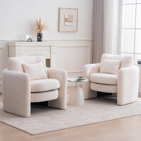 Chenille Accent Armchair Oversize Upholstered Barrel Comfy Modern Round Lounge Sofa Chair with Pillow Cozy Reading Chairs for Apartment,Office,Living Room,Dining,Makeup,Club,Beige 2SET