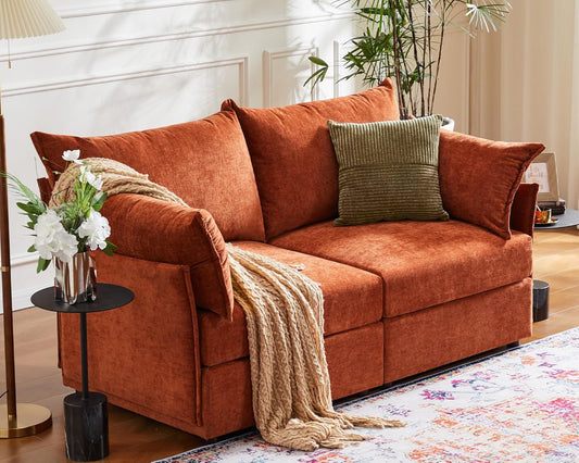 Oversized Loveseat Sofa, Modern Modular Sectional Couch Terracotta Orange Fluffy Chenille Mid Century 2-Seat 24.5" Deep Seat for Apartment, Living Room, Bedroom
