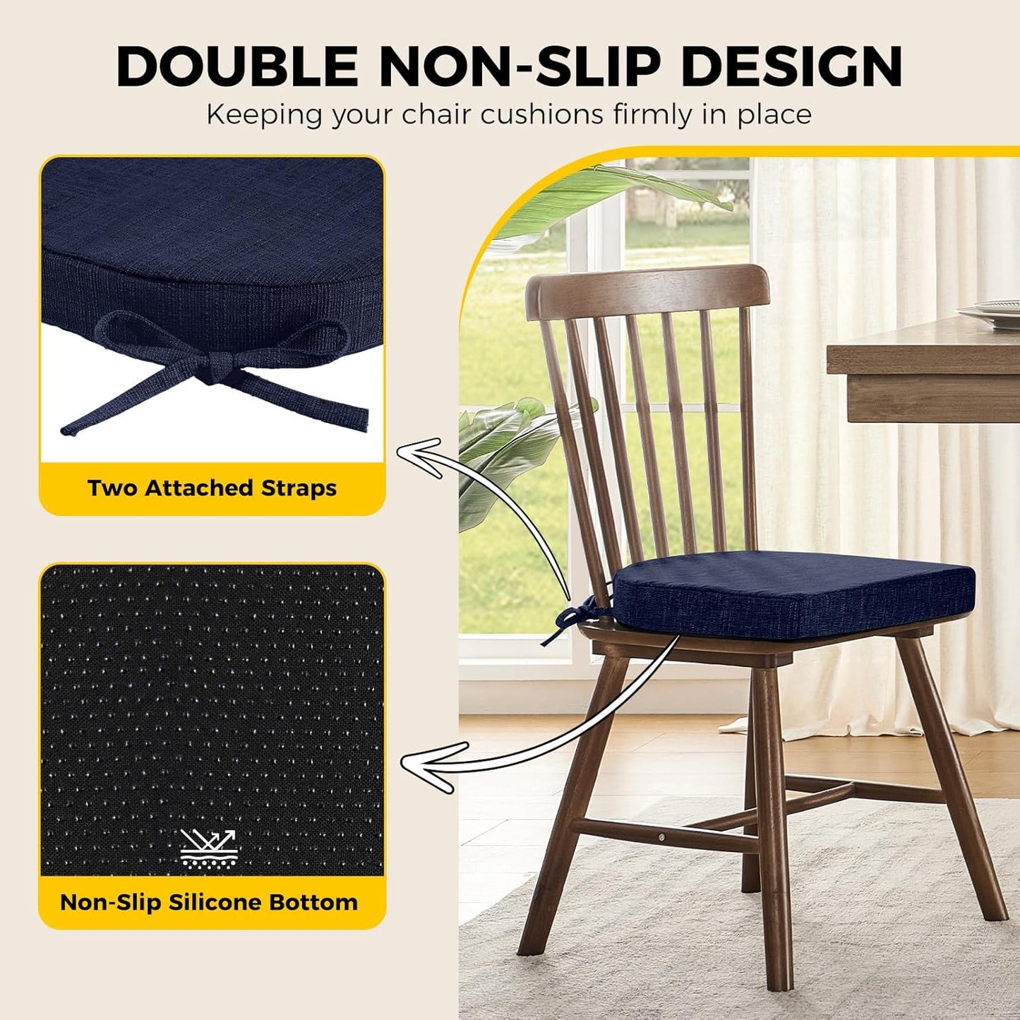 downluxe Indoor Chair Cushions for Dining Chairs, Soft and Comfortable Textured Foam Kitchen Chair Pads with Ties and Non-Slip Backing, 16" x 16" x 2", Navy, 2 Pack