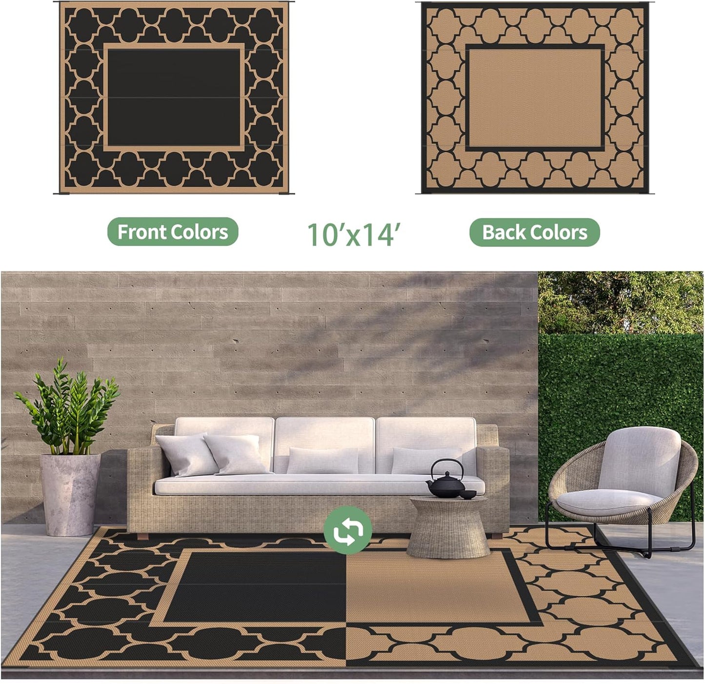 GENIMO 10 ' x 14 ' Outdoor Rug Waterproof for Patio Decor, Foldable Reversible Plastic Straw Area Rugs Mat for Camper, Outside Carpet for Rv, Deck, Porch, Picnic, Beach, Balcony, Black & Brown