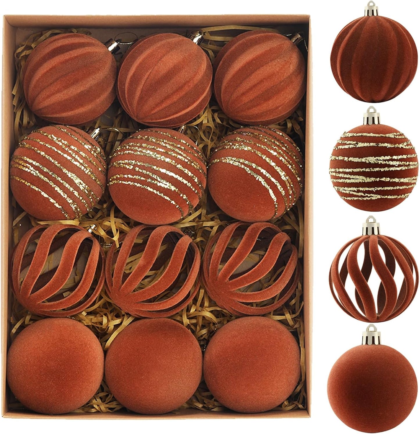 Christmas Ornaments Set of 12, 3.15" Flocked Velvet Balls with Hand Painted Designs, Brown Elegant Christmas Tree Decorations in Gift Box