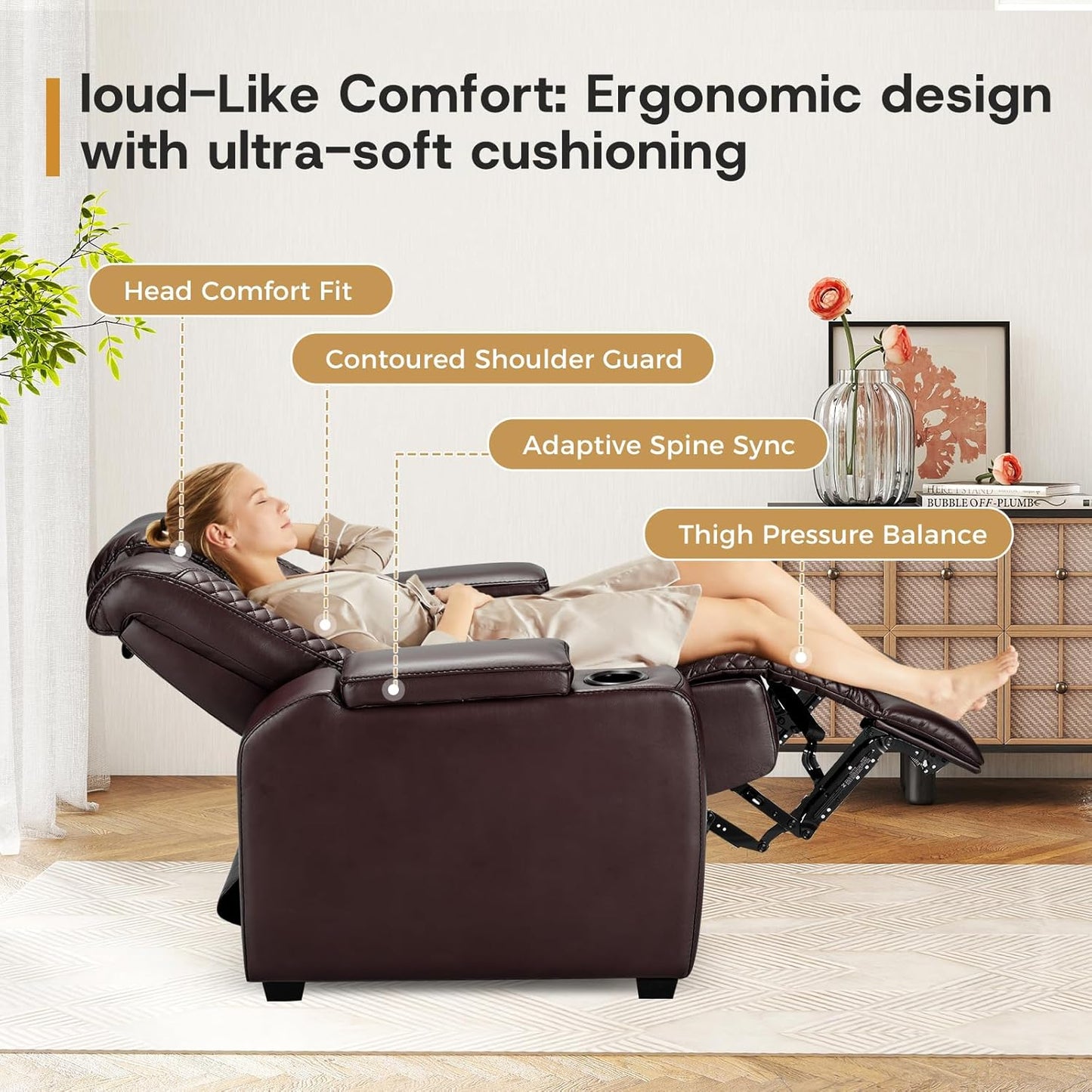 ANJ Power Home Theater Seating, PU Leather Electric Recliner Chair with Powered Headrest, Dual Motors Movie Reclining Chairs with LED Lights,USB Port, Cup Holders, Hidden Arm Storage (Brown)