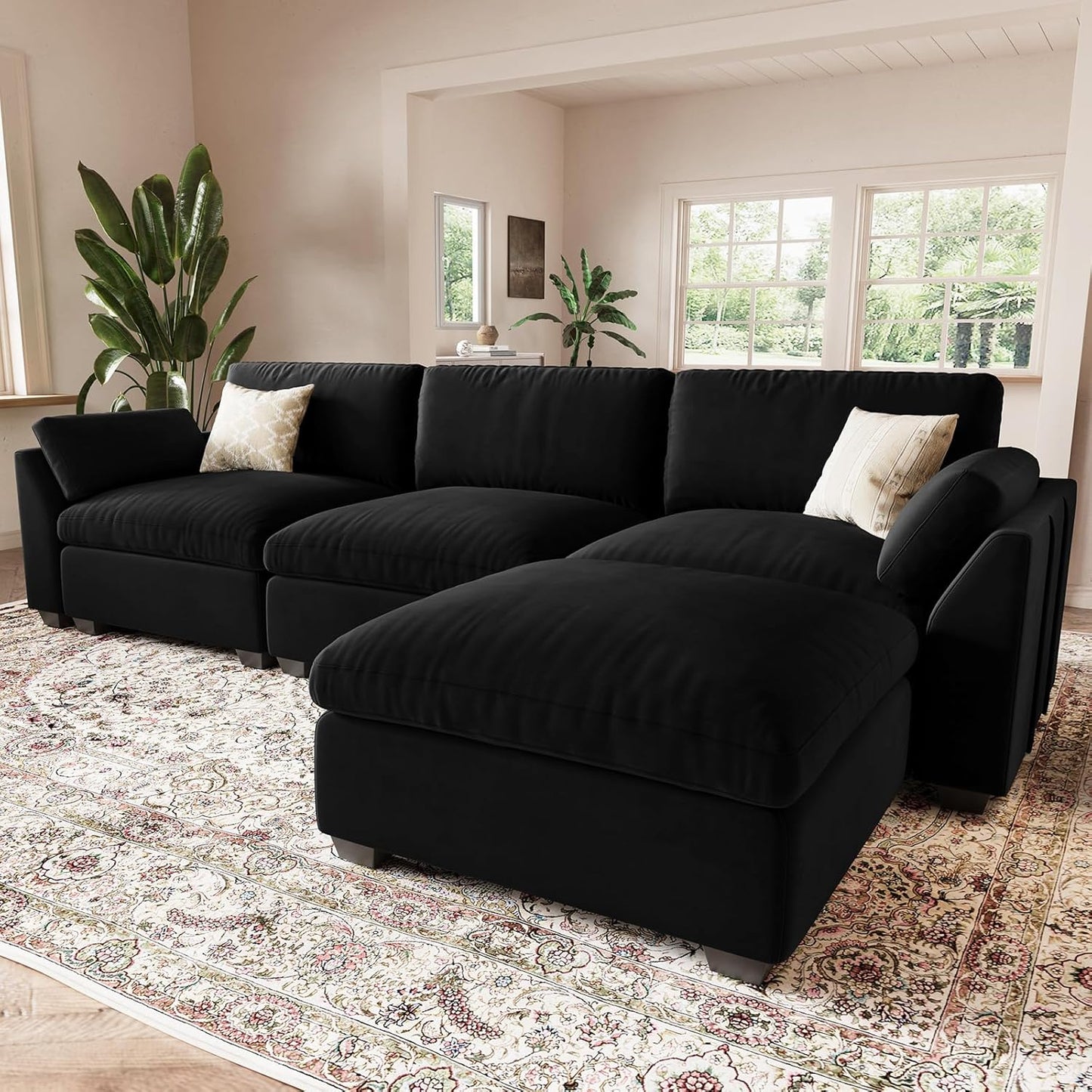 Belffin Extra Large Modular Sectional Sofa,106.3" 4-Seater L Shaped Couch,Velvet Convertible Sectional Couches for Living Room,Comfy Upholstered Modern Cloud Couch,Black Sofa