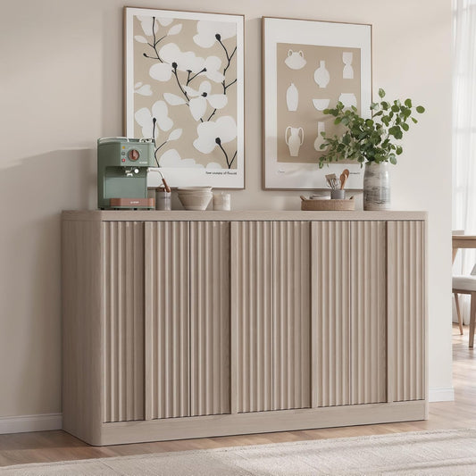 Fluted Buffet Cabinet with Storage, 60" Sideboard Buffet Accent Cabinet with 4 Door & Solid Wood Handle, Modern Buffet Table Credenza Console Cabinets for Living Room, Dining Room, Kitchen, Oak(1PCS)