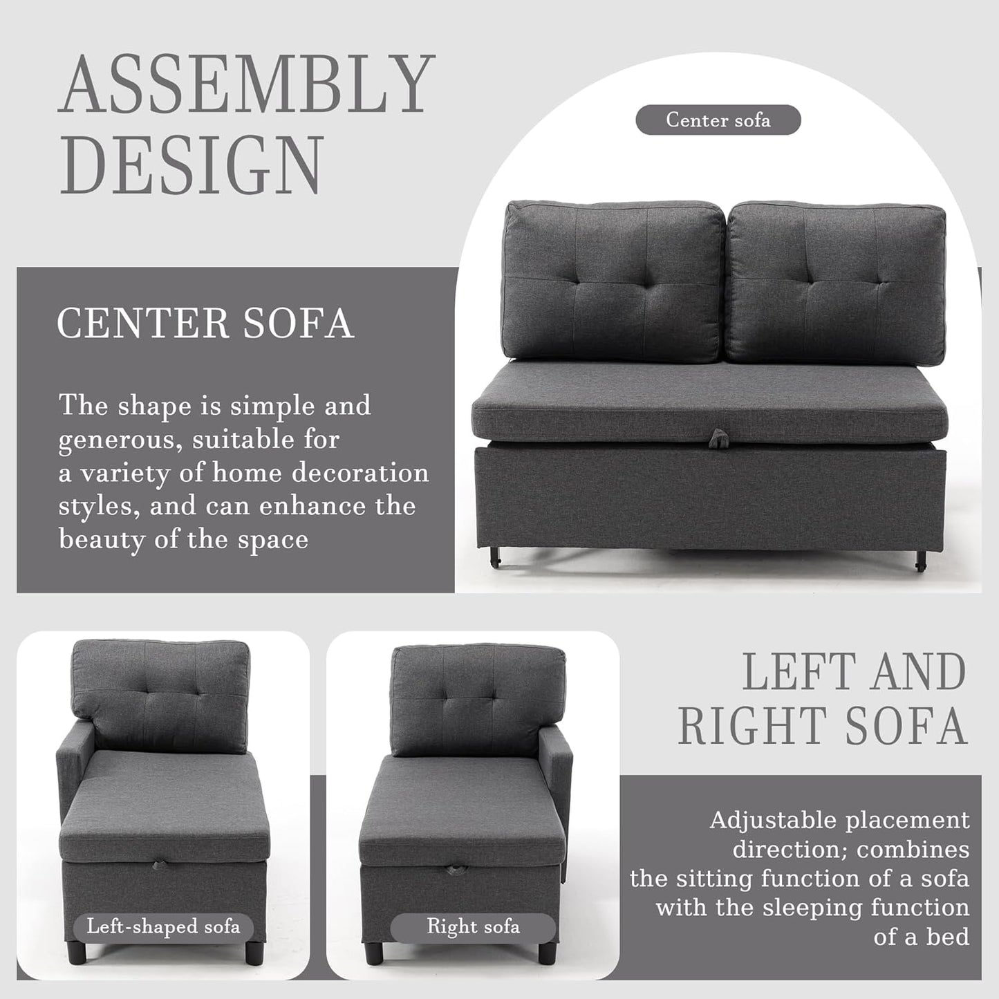 Pull Out Couch, Oversized Sleeper Sofa Couch, Sectional Sleeper Sofa Bed for Living Room Bedroom Lounge (Grey, 73 Inch)