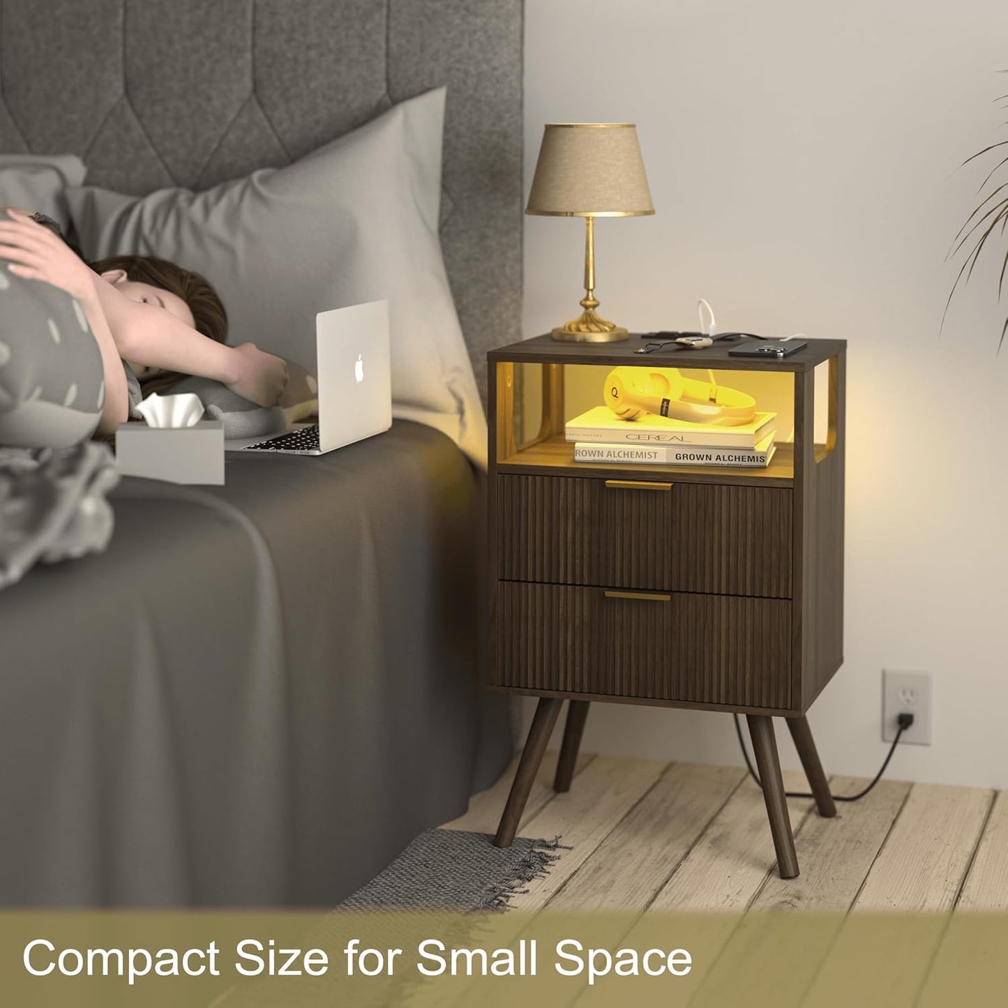 Nightstand with Charging Station and LED Lights,Modern Bedside Table with 2 Storage Drawer and Open Wood Shelf, for Bedroom and Small Spaces,Night Stand with Solid Wood Legs,Walnut Brown