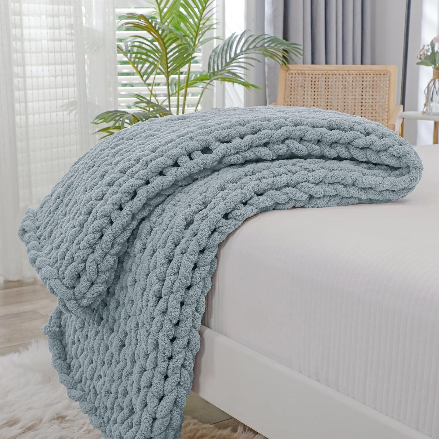 Bigacogo Chunky Knit Throw Blanket for Couch, 40x40 inches, 100% Hand Knitted with Thick Jumbo Chenille Yarn, Cozy Soft Large Rope Knot Cable Crochet Blankets for Sofa Bed Living Room, Dusty Blue