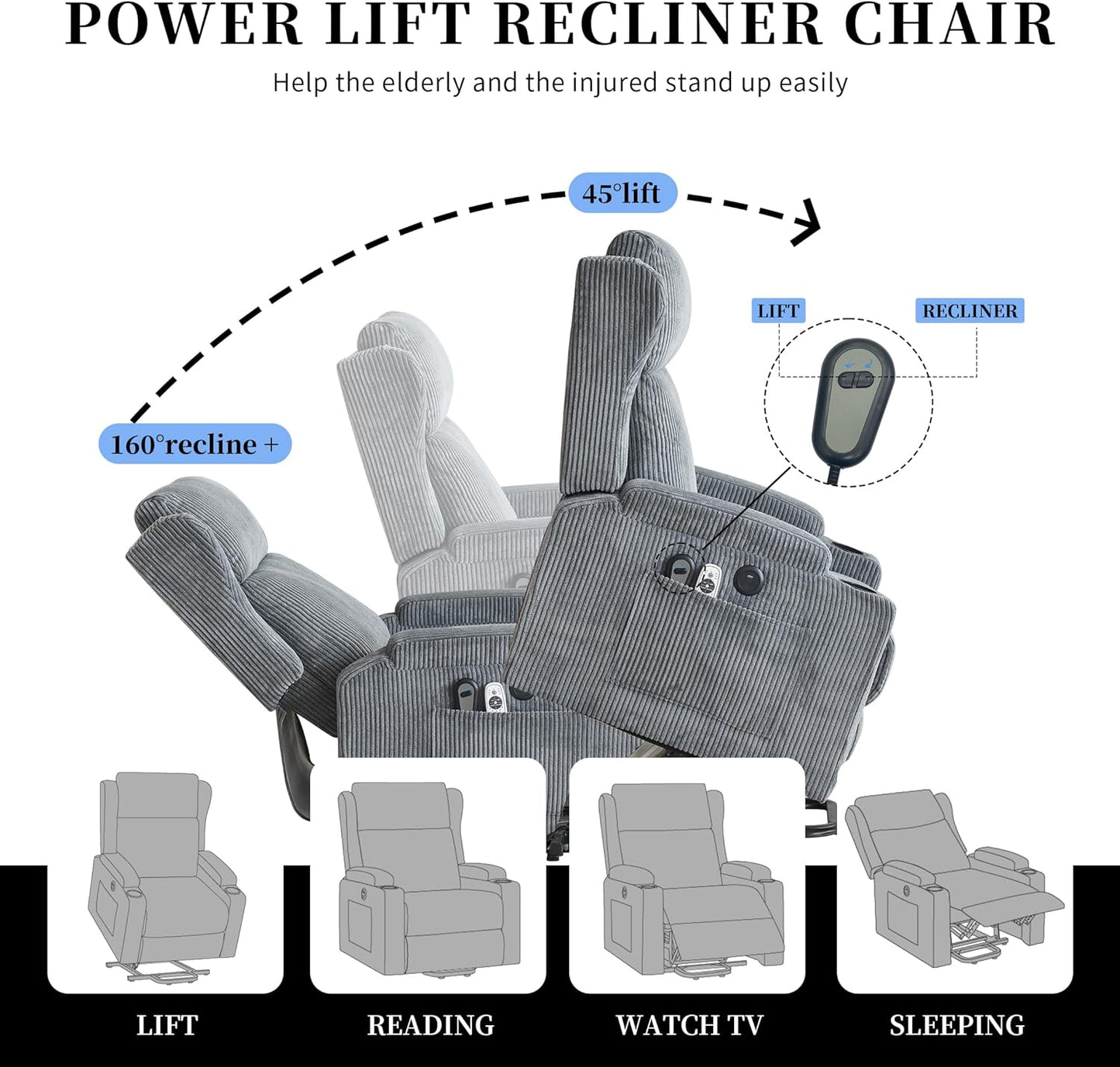 Lift Recliner Chair for Adults with Massage and Heating, Power Lift for Elderly, Corduroy Fabric Reclining Chair with USB &Type-C Port, Cup Holders, L6111 (Grey)