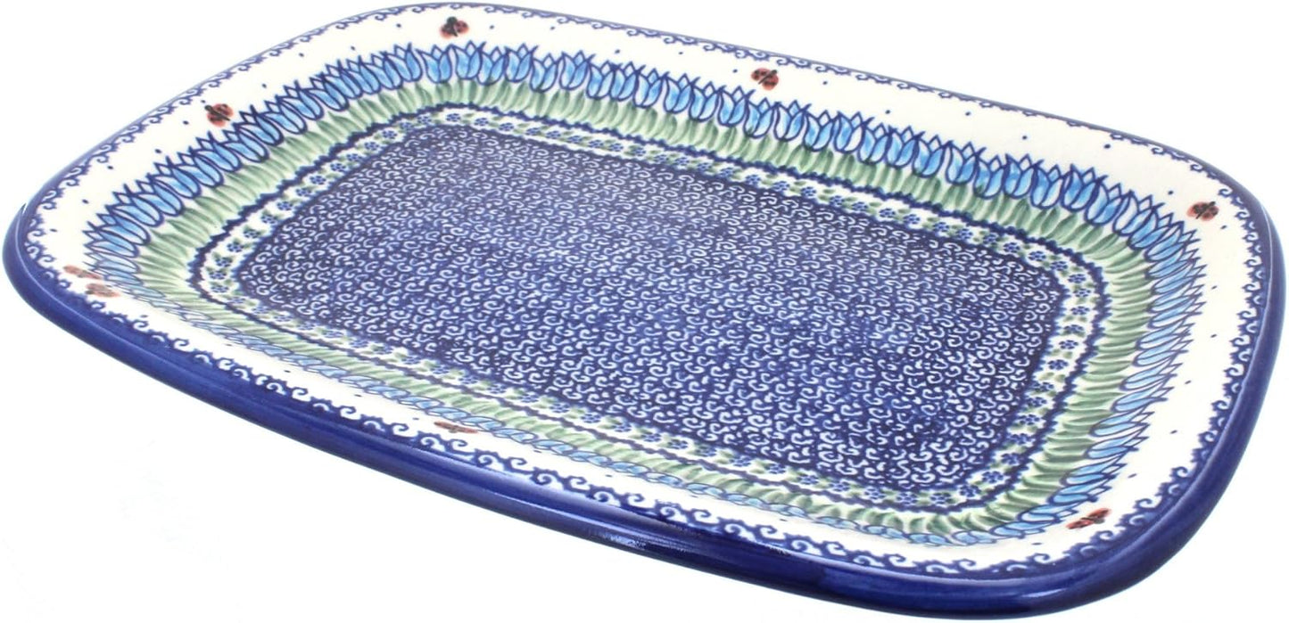 Blue Rose Polish Pottery Garden Tulip Large Rectangular Serving Platter