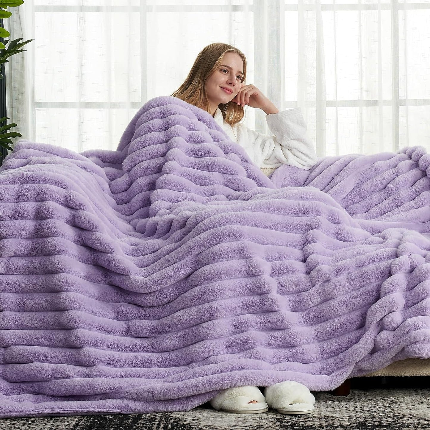 Cozy Bliss Faux Fur Throw Blanket for Couch, Cozy Warm Plush Striped Blanket for Sofa Bedroom Living Room, 60 * 80 Inches Lavender Purple