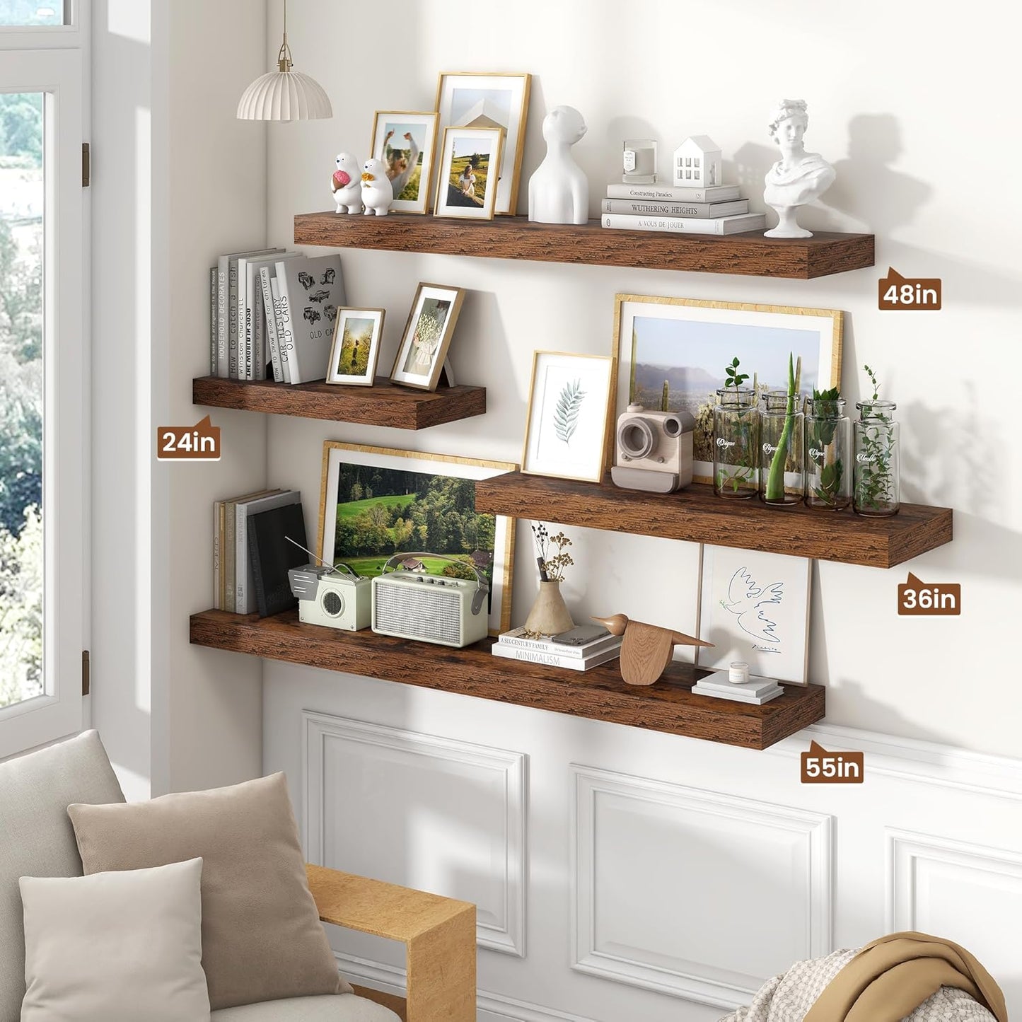 Heimlove 48" Floating Shelves for Wall,10 Deep Rustic Brown Wood Display & Storage Wall Shelves with Heavy Duty Brackets for Bathroom,Bedroom,Kitchen,Living Room,Office,Set of 2