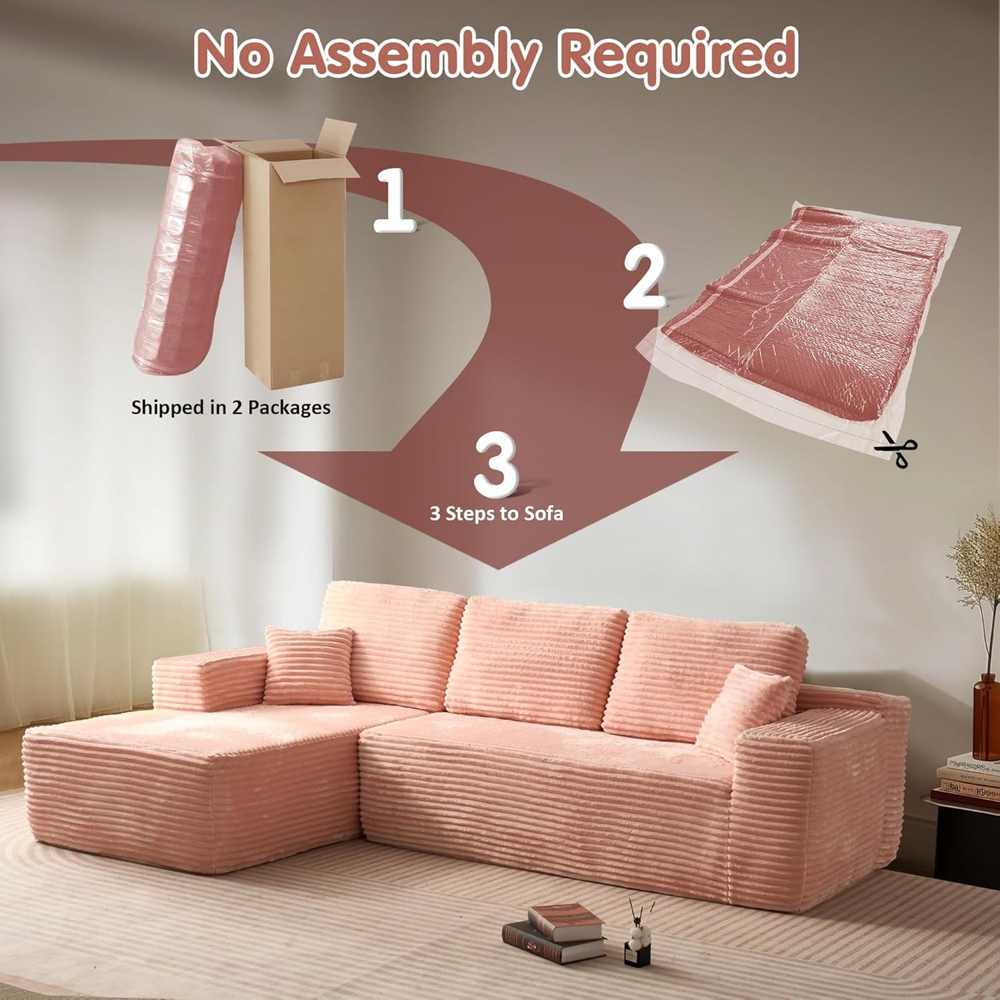 ovios 104" Cloud Sectional Couch with L-Shape Chaise,Modern Modular Sofa with Deep Seat, Upholstered Couches for Living Room Bedroom,No Assembly Required, Pink (Plush Corduroy Fabric)