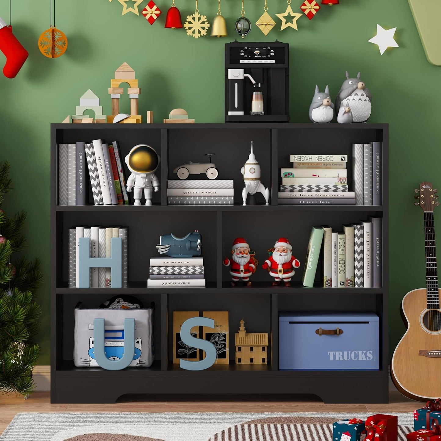 Book Shelf Set of 2, 8 Cubes Storage Organizer, 3-Tier Open Shelf Wooden Bookcase, Freestanding Balck Bookshelf Cube Shelf for Bedroom, Living Room, Home Office