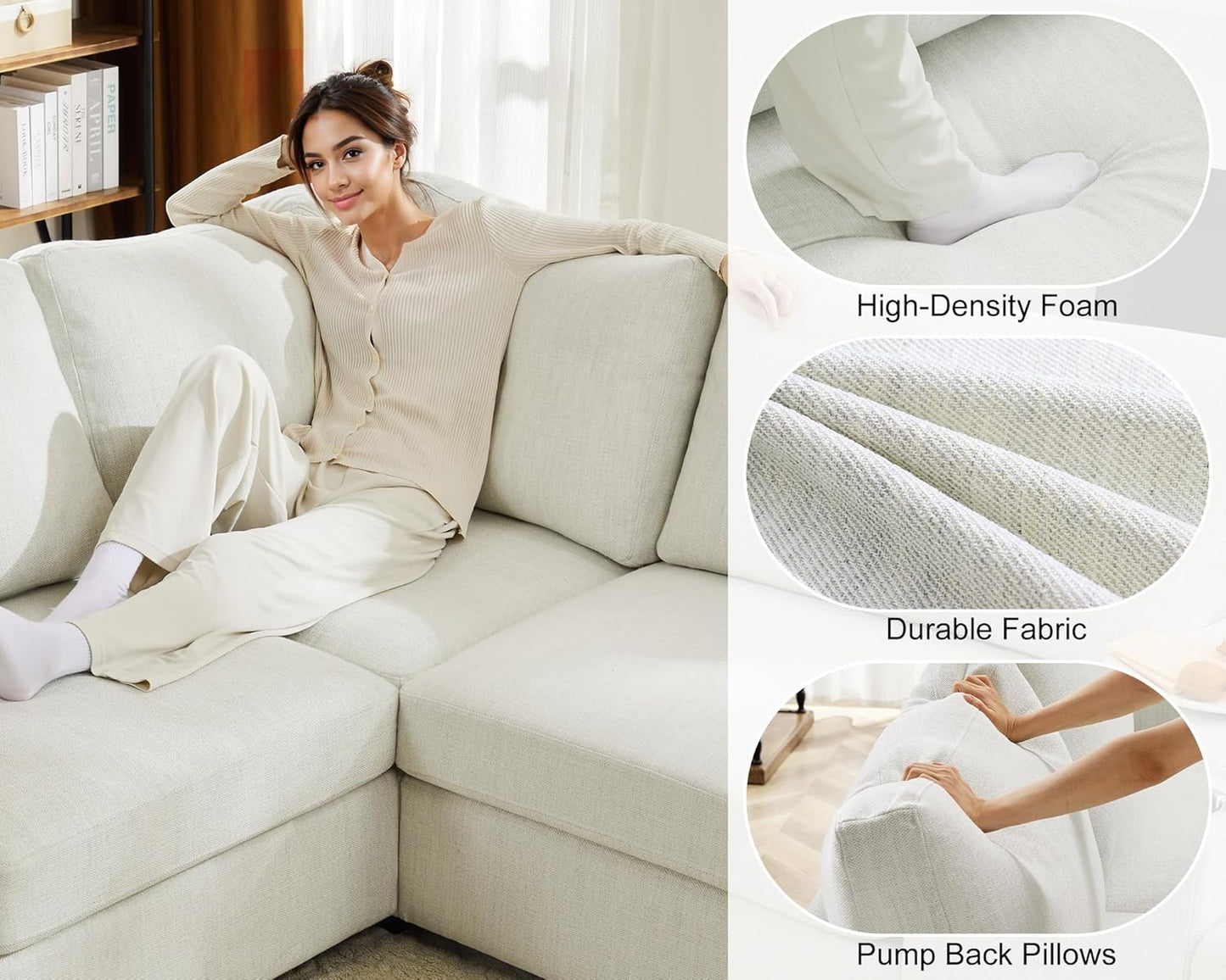 L Shaped Sectional Sofa with Ottoman,Rolled Armrest,Modern Sectional Modular Couch for Living Room,Breathable Linen Fabric Corner Couch with 7 Seats for Apartment,Removable Sofa Cushion,Ivory