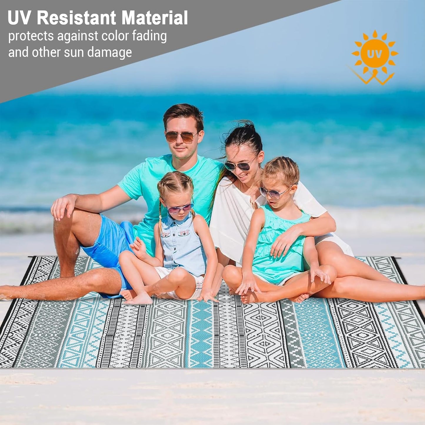 GAOMON Outdoor Rug 9'x12' Waterproof Rug for Patio Decor, Foldable Reversible Plastic Straw Area Rugs Mat for Camper, Outside Carpet for Deck, Porch, Picnic, Beach, Blue/Grey(Bohemia)