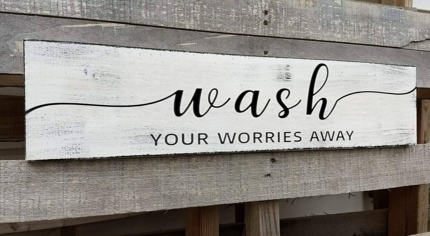 Farmhouse Bathroom Sign, Wash Your Worries Away, Rustic Wooden Bathroom Wall Art Decor, Inspirational Signs Bath Wall Hanging Art Home Decor (Wash) 6x18 Inch