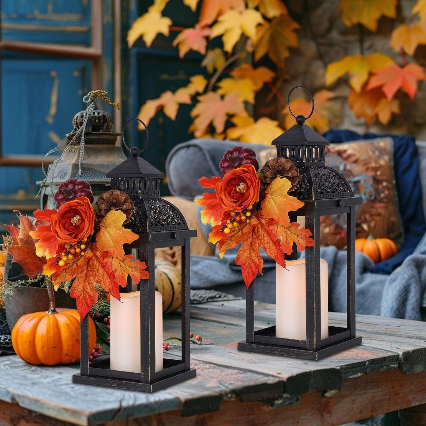 NEEDOMO Fall Decorations for Home, 2 Pcs 15'' Fall Lantern Indoor Outdoor Thanksgiving Decor, Vintage Metal Hanging Candle Holders with Fall Teardrop Wreath and LED Candle for Patio, Porch, Table