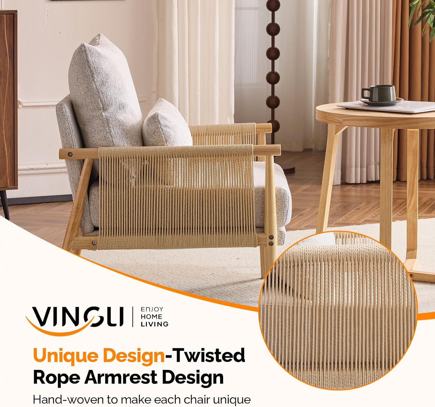 VINGLI Boho Braid Accent Armchairs Set of 2,Mid-Century Modern Chiars with Solid Wooden Armrest,Comfy Louge Cushion Chairs with Waist Pillow for Bedroom,Living Room,Reading Room, Light Grey