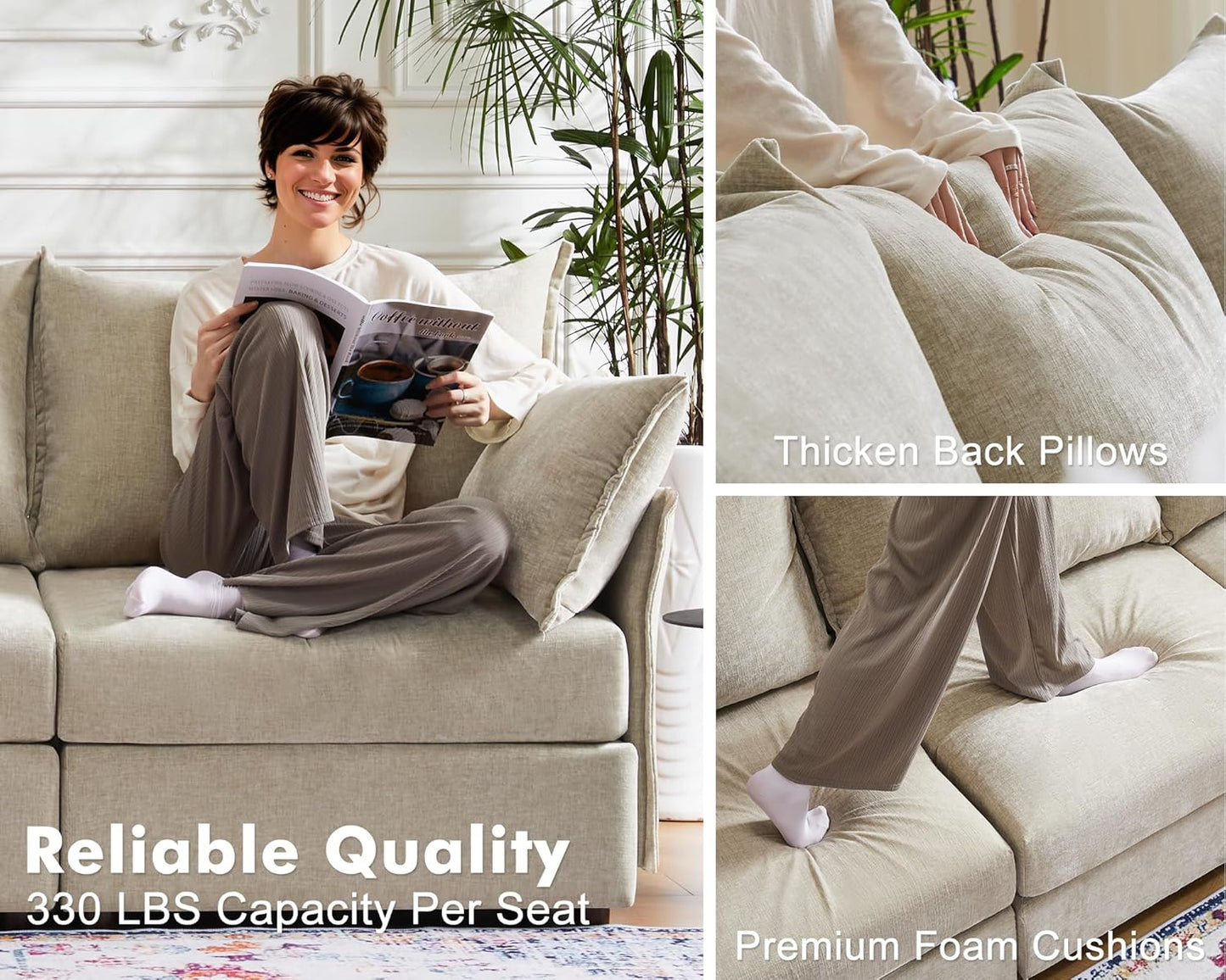 Oversized Accent Chair, Upholstered Modern Sofa Chair with Removable Backrest & Detachable Cover, 24.5" Deep Seat Large Reading Armchair for Living Room Bedroom Office - Chenille Beige Set of 2