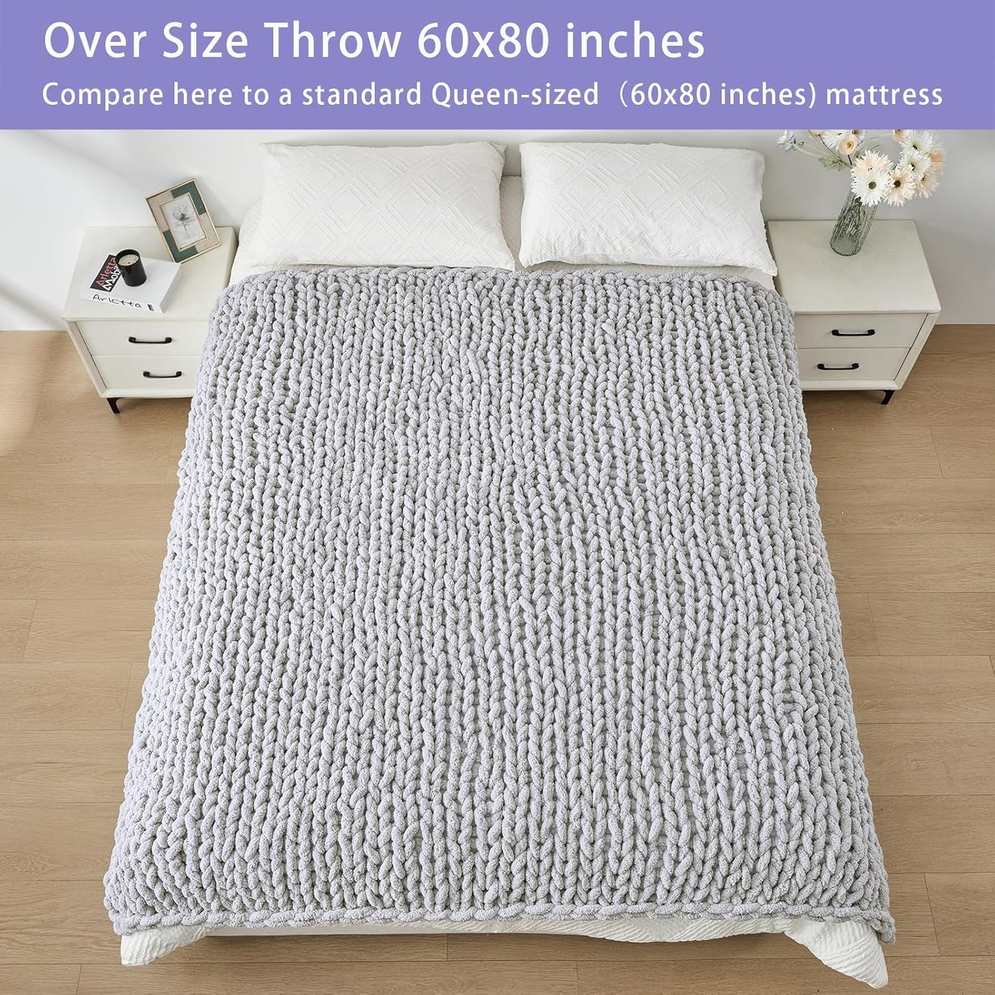 Bigacogo Chunky Knit Throw Blanket for Couch, 60x80 inches, 100% Hand Knitted with Thick Jumbo Chenille Yarn, Cozy Soft Large Rope Knot Cable Crochet Blankets for Sofa Bed Living Room, Light Grey