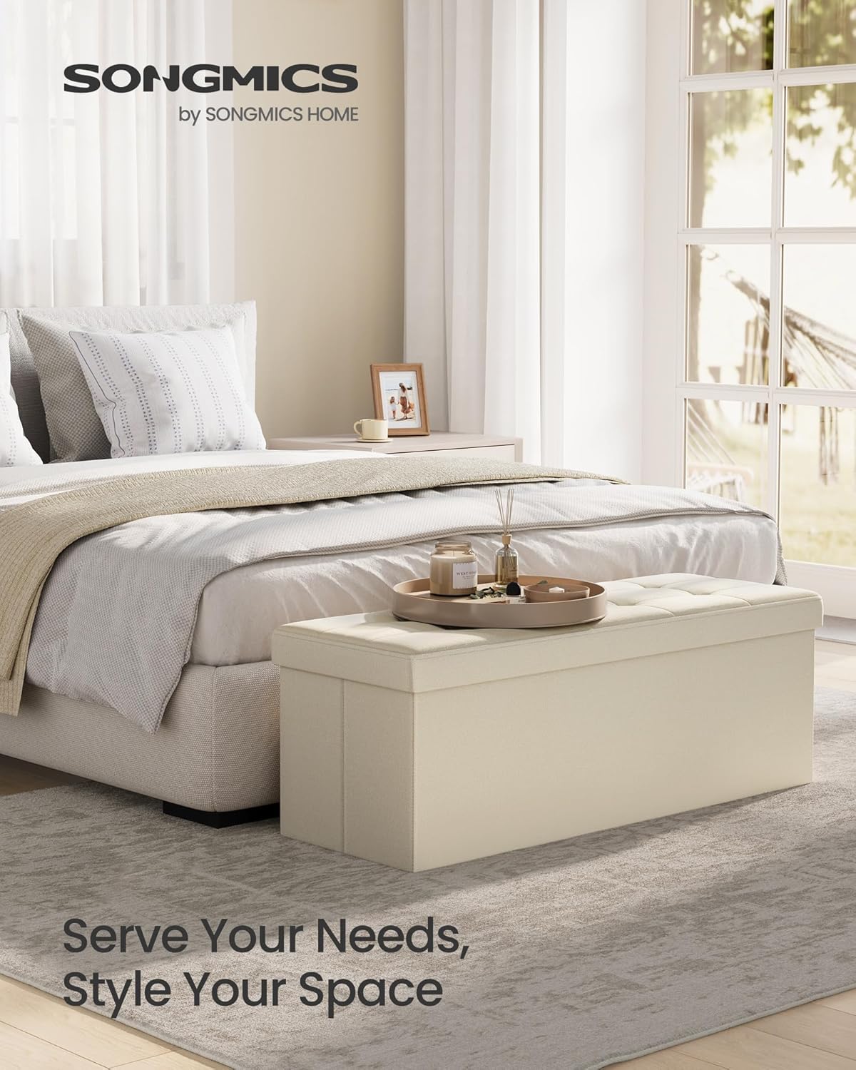 SONGMICS MAZIE Collection - 43 Inches Folding Storage Ottoman Bench, Ottoman Foot Rest, End of Bed Bench, Storage Chest, Load 660 lb, for Living Room, Bedroom, Entryway, Cream White ULSF77BE