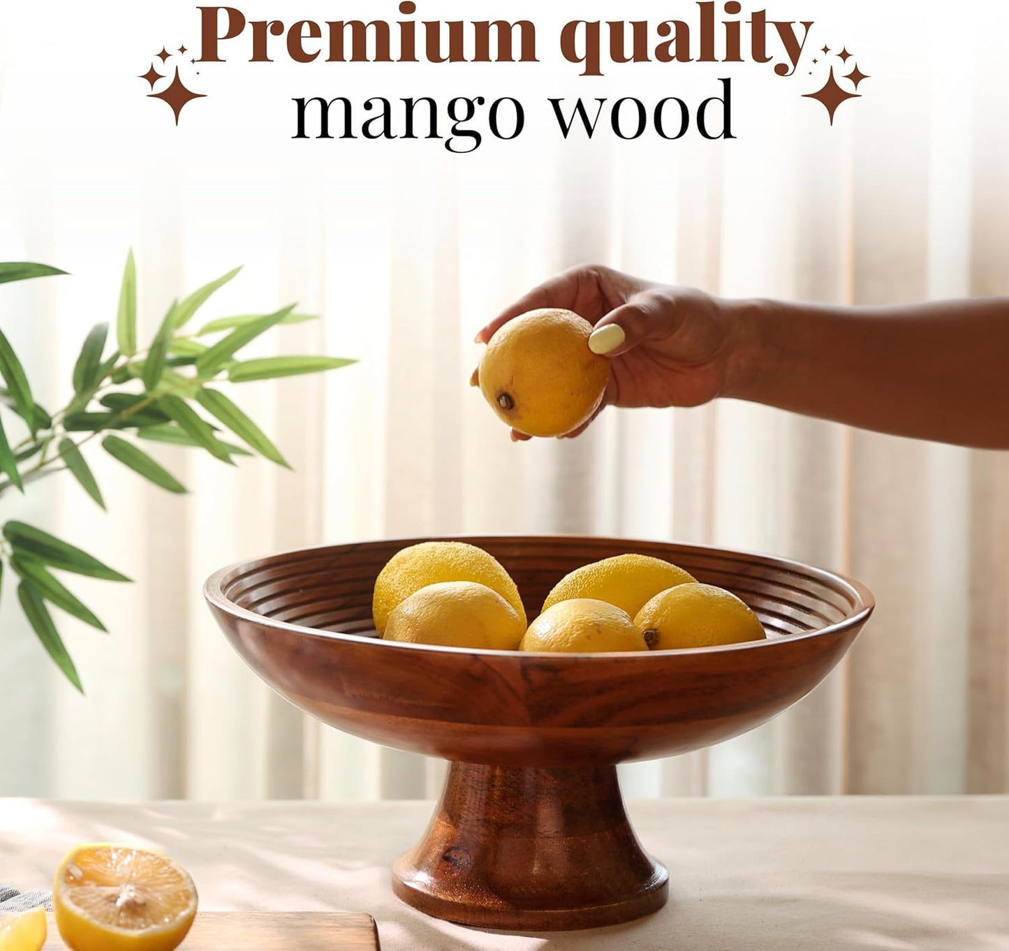 Folkulture Wooden Fruit Bowl for Kitchen Counter | 12" Large Premium Eco Friendly Banana Fruit Basket for Kitchen | Acacia Wood Bowl with Holder, Pedestal for Table Decor, Centerpiece for Dining Table